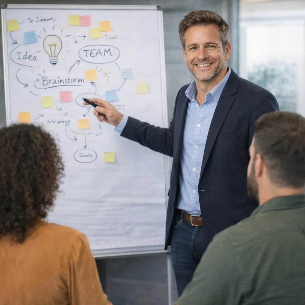 A man in a suit giving a presentation to a group in a meeting room. He is smiling and pointing at a whiteboard filled with notes and sticky notes, with the words 'Idea,' 'Brainstorm,' 'Team,' 'Goals,' and others visible.