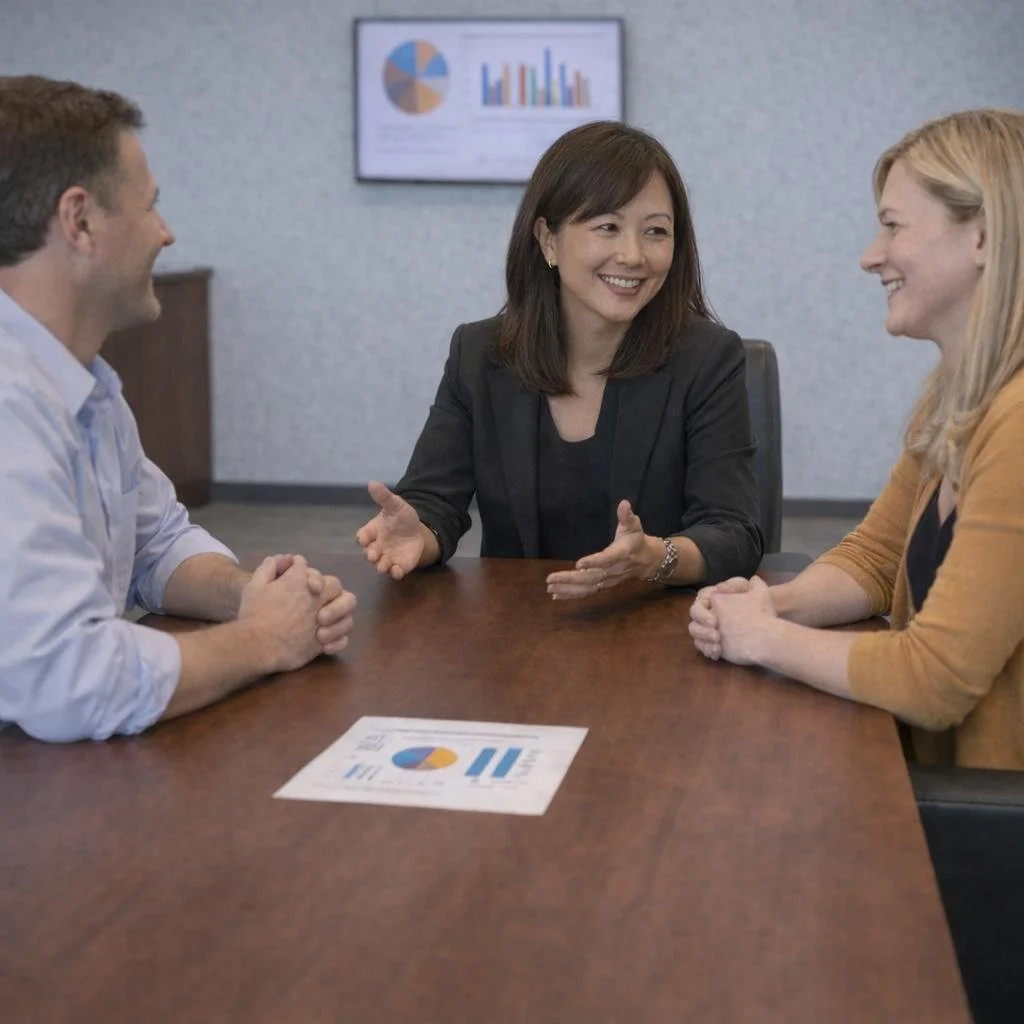 Three business professionals, two women and one man, sitting at a conference table in a meeting room, engaging in a discussion. A chart with graphs and pie charts is on the wall and on the table.