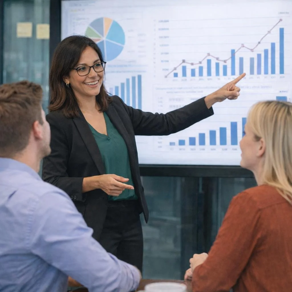 A woman in business attire and glasses is presenting data with a smile, pointing at a large screen showing bar and line graphs on a business or conference room setting, with three attentive colleagues.