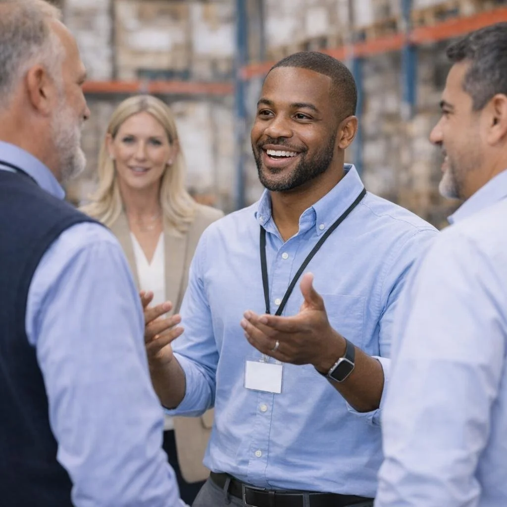 Three men and one woman engaged in a conversation in a warehouse or office setting. The man in the center is smiling and gesturing with his hands. The other two men are listening, and the woman in the background is observing the conversation.