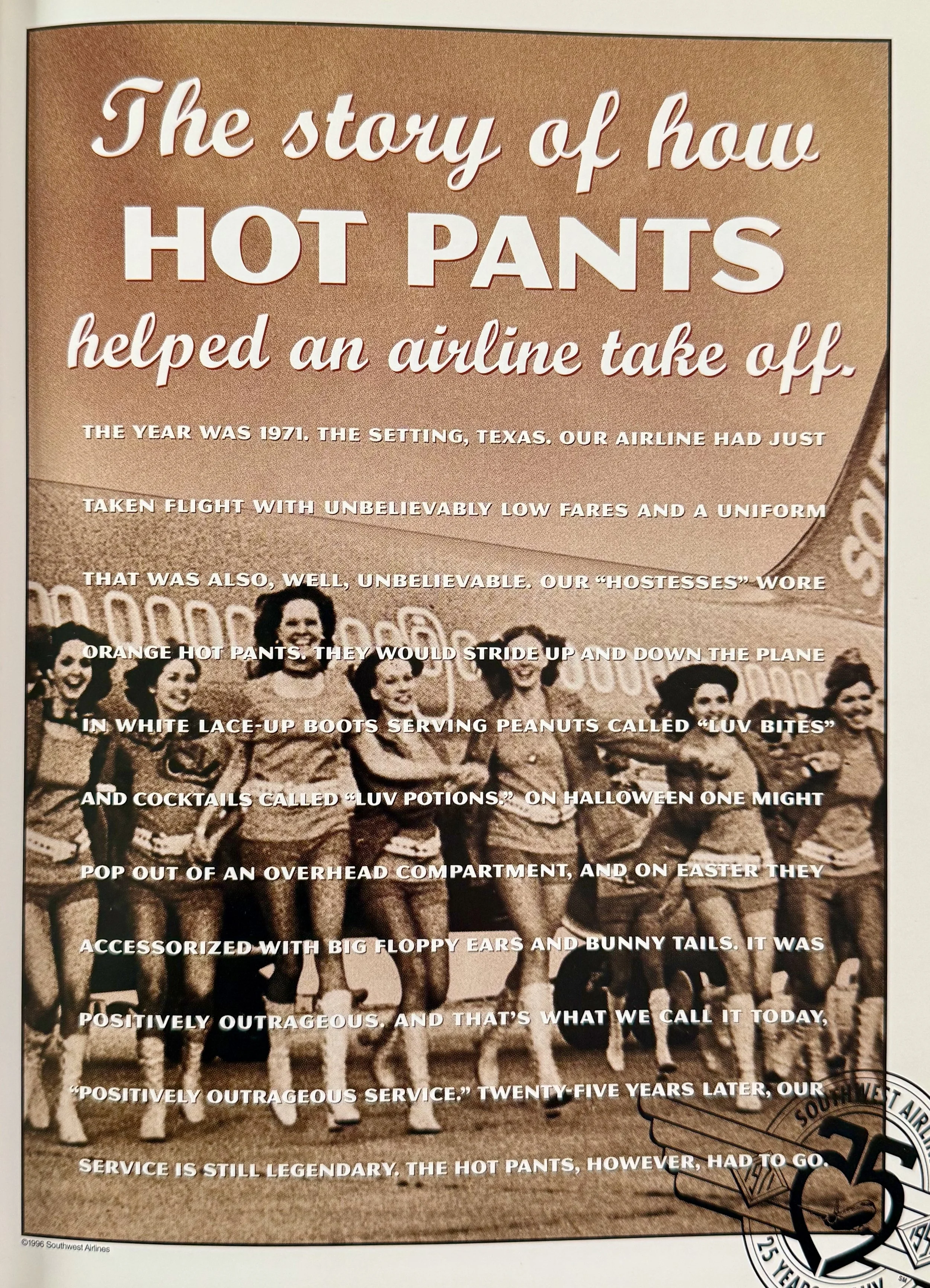 Print ad for Southwest Airlines written by Mike Woolf, featuring the headline “The story of how hot pants helped an airline take off."