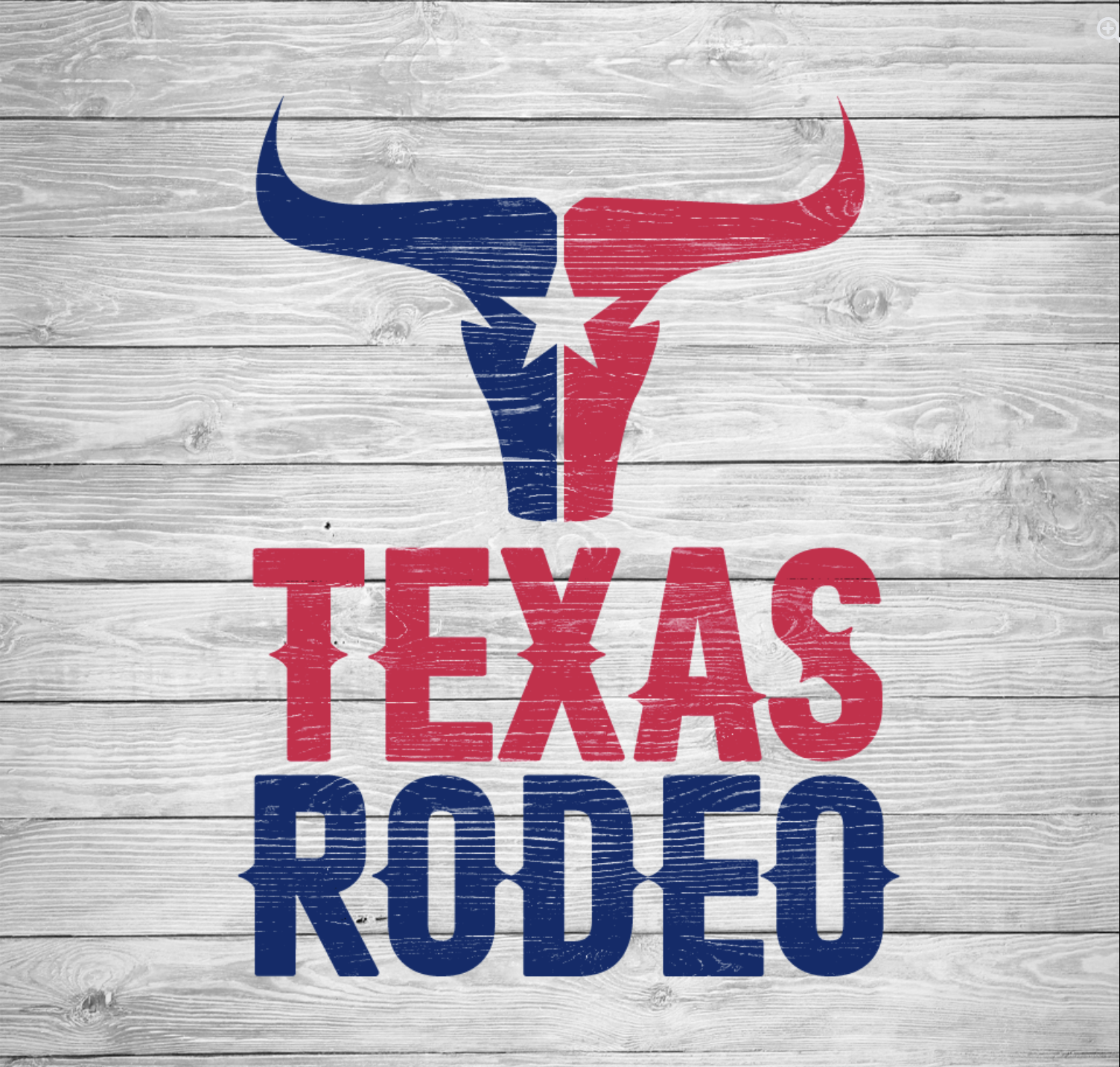 A logo featuring a stylized bull's head with a star in the center, colored in red, white, and blue, above the text 'TEXAS RODEO' on a wooden background.