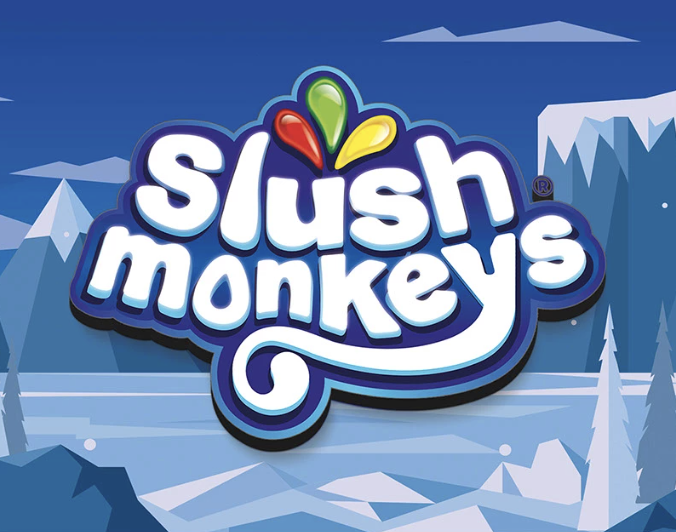 Logo of Slush Monkey with colorful droplets above the text on a winter icy background.