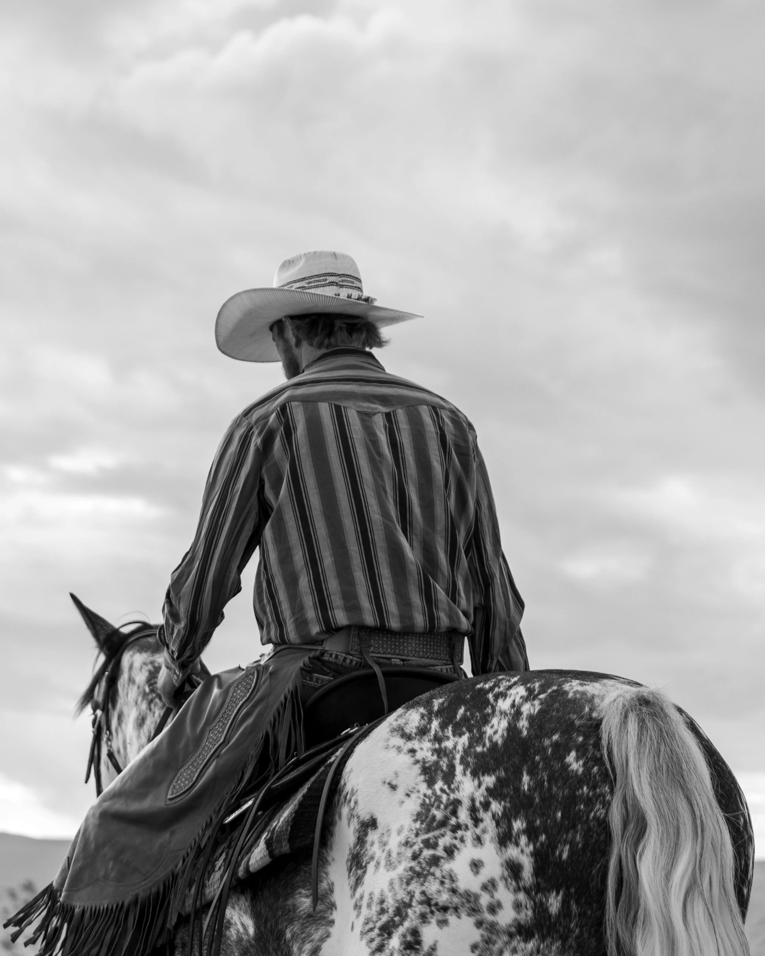 Man wearing cowboy hat and striped shirt riding a speckled horse under cloudy sky