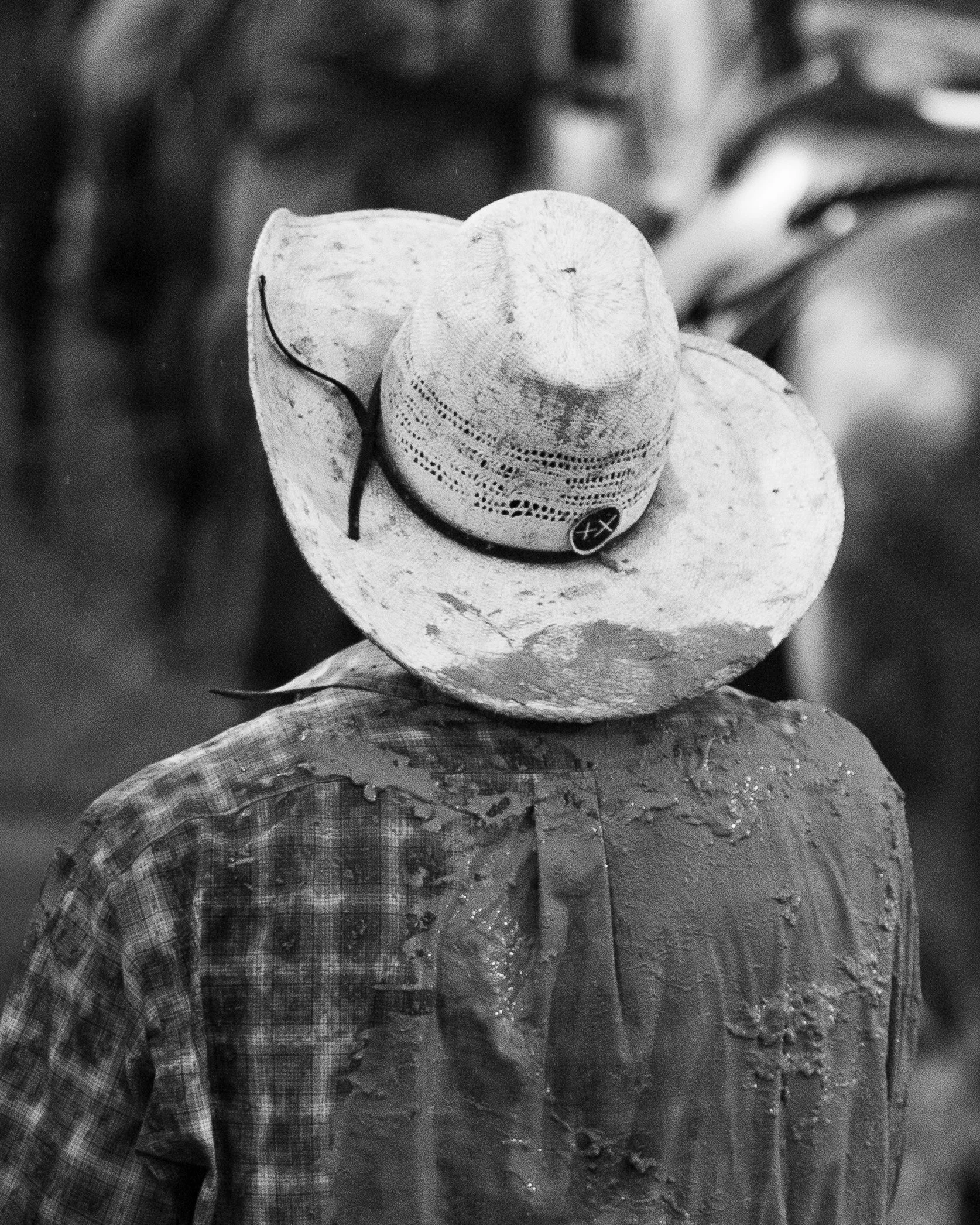 A person wearing a cowboy hat, a plaid shirt, and an apron, seen from behind in a rustic setting.