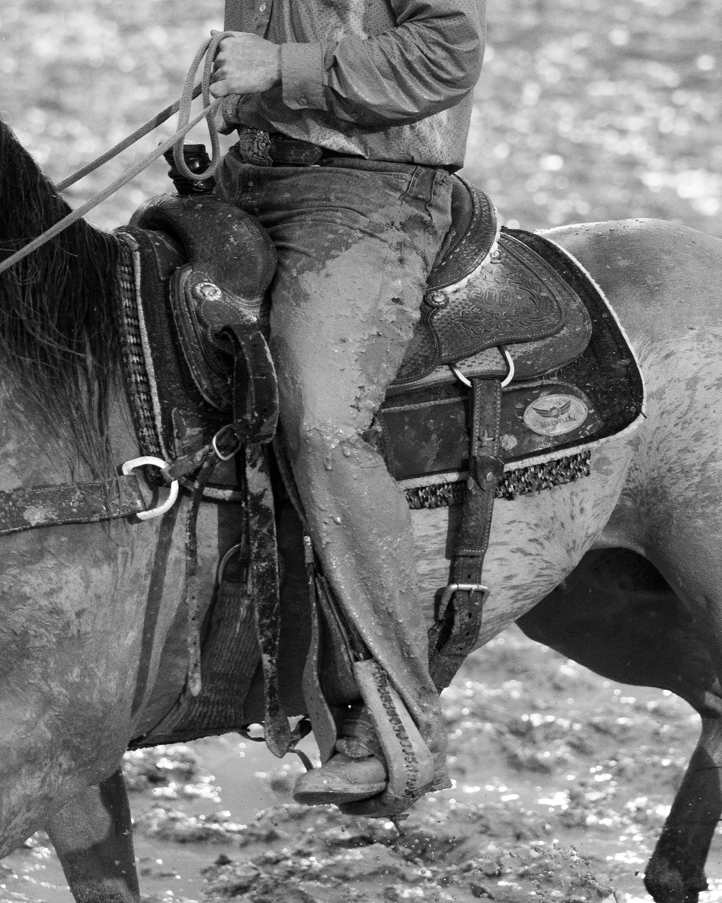 A person riding a horse, with mud on their pants and bike, holding the reins.