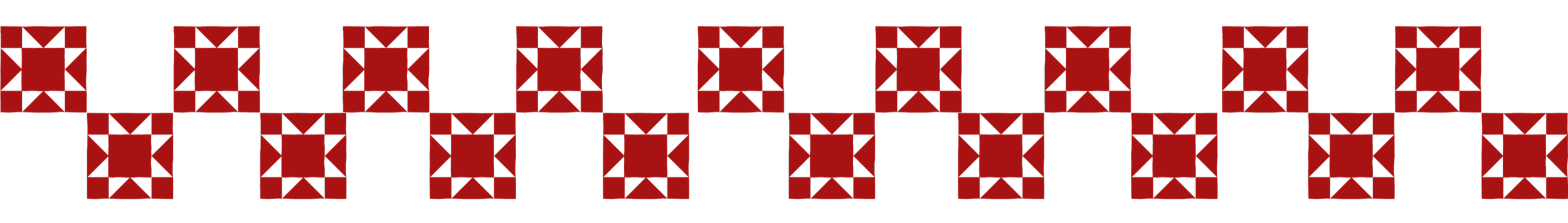 A pattern of red and black geometric quilt squares arranged in a row, each square having a central red square surrounded by black triangles creating a pinwheel design.