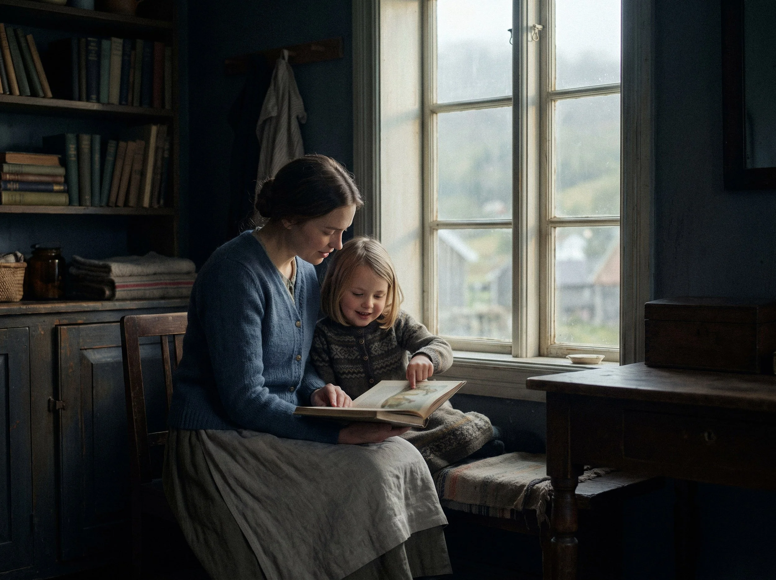A woman and a young girl sit by a large window in a cozy, rustic room, reading a book together.