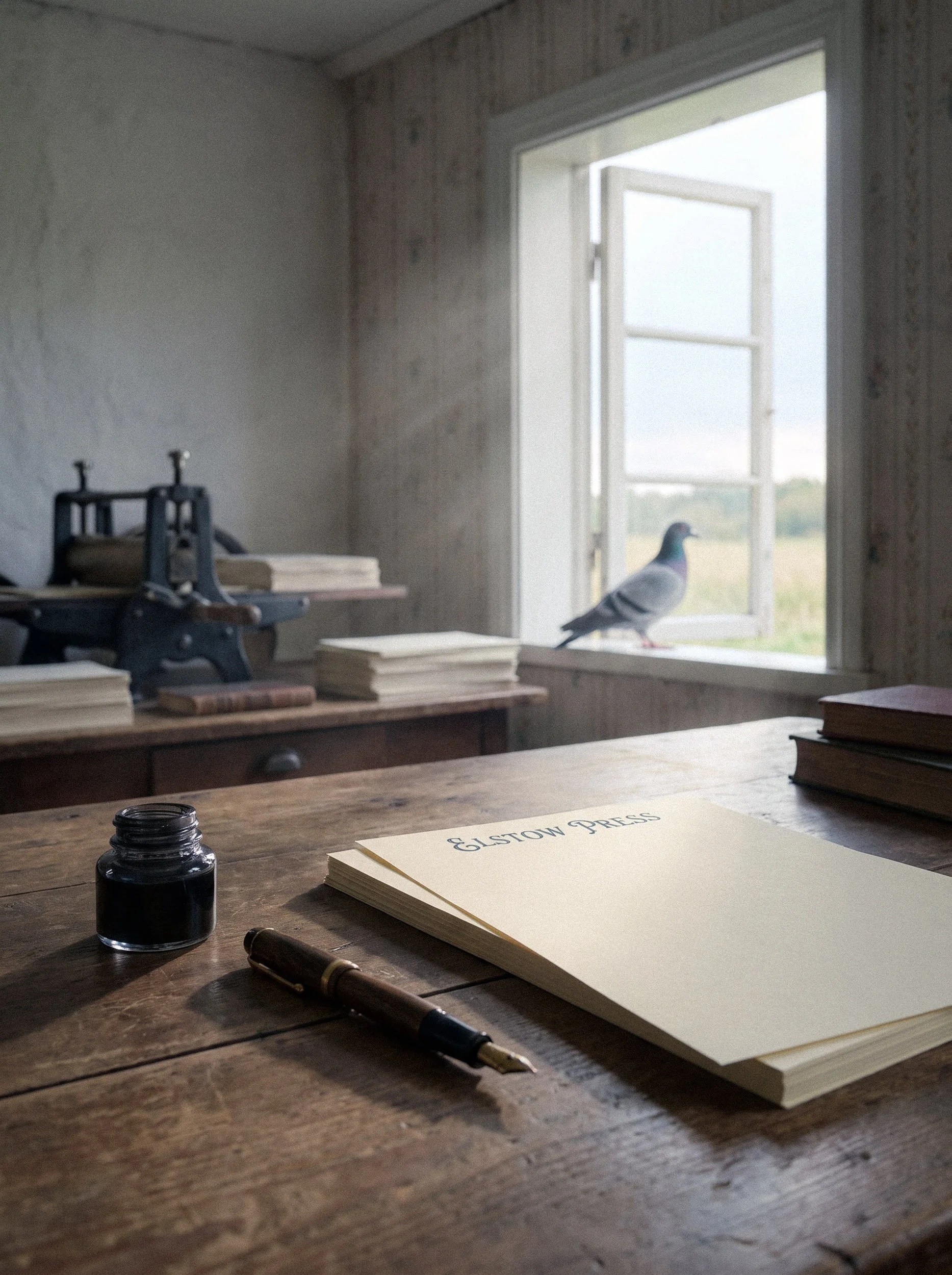 A wooden desk with an open ink bottle, a fountain pen, and a legal pad titled 'GUILT OR NOT GUILTY' in a rustic room with books, a window, a pigeon, and some bookshelf.