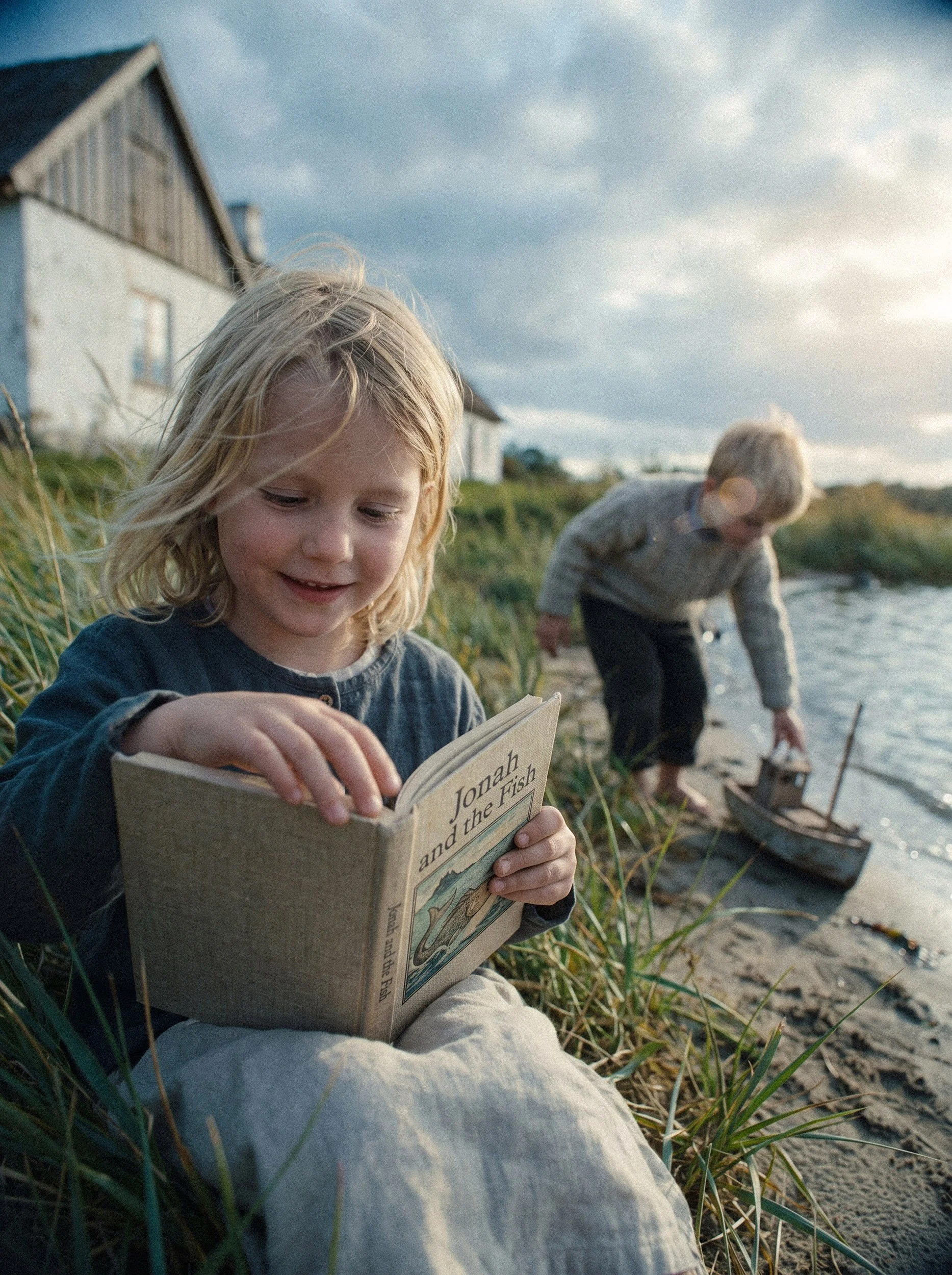 A young girl sitting on a blanket near a grassy shoreline, reading a book titled 'Jonah and the Fish' in the late afternoon or early evening. In the background, a boy is bending over by the water with small boats nearby, and there are houses and a cloudy sky in the distance.