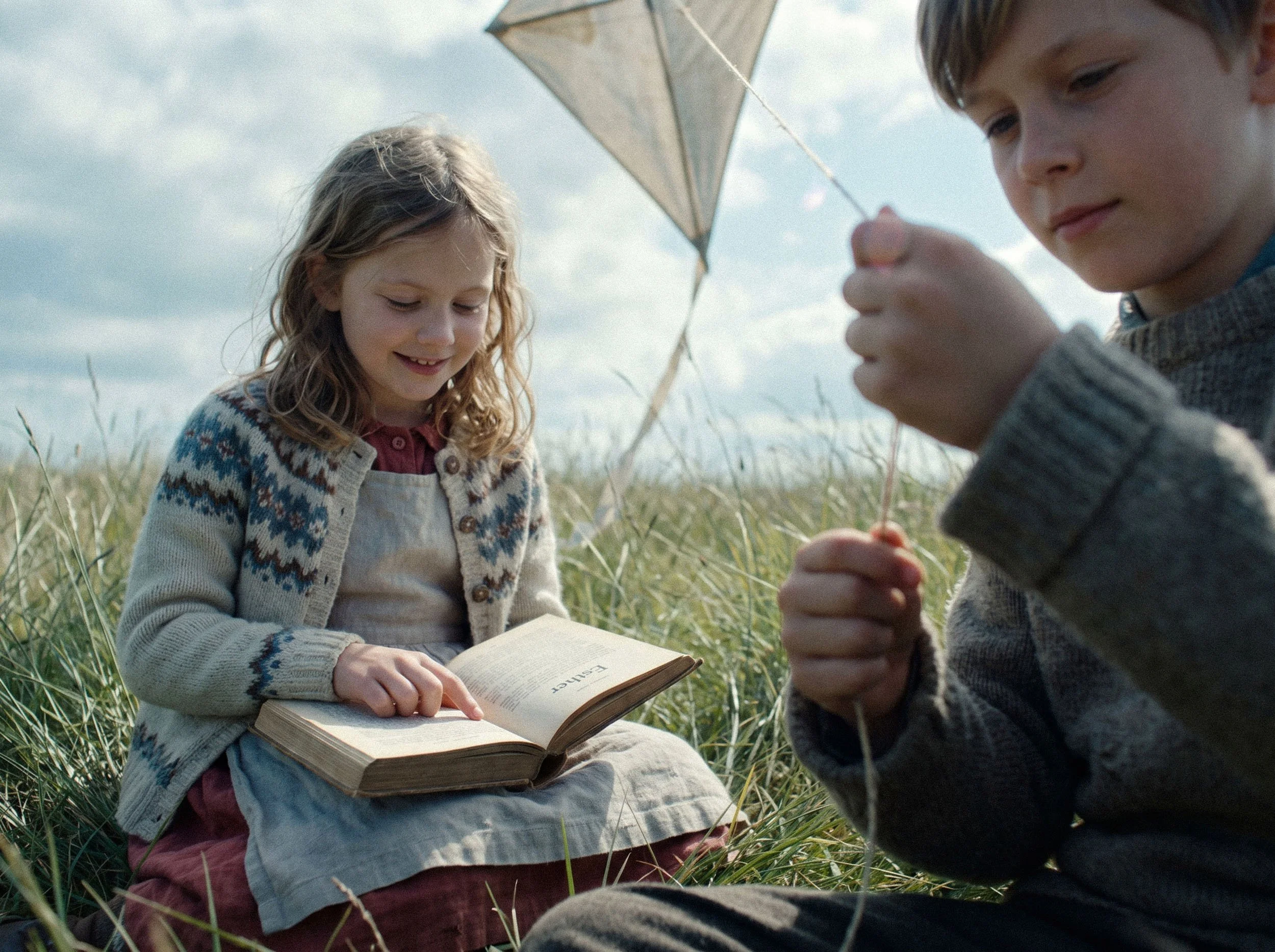 Two children, a girl and a boy, sitting in a grassy field under a cloudy sky. The girl is reading a book titled 'Ertah,' while the boy looks at something in his hand, with a kite in the background.