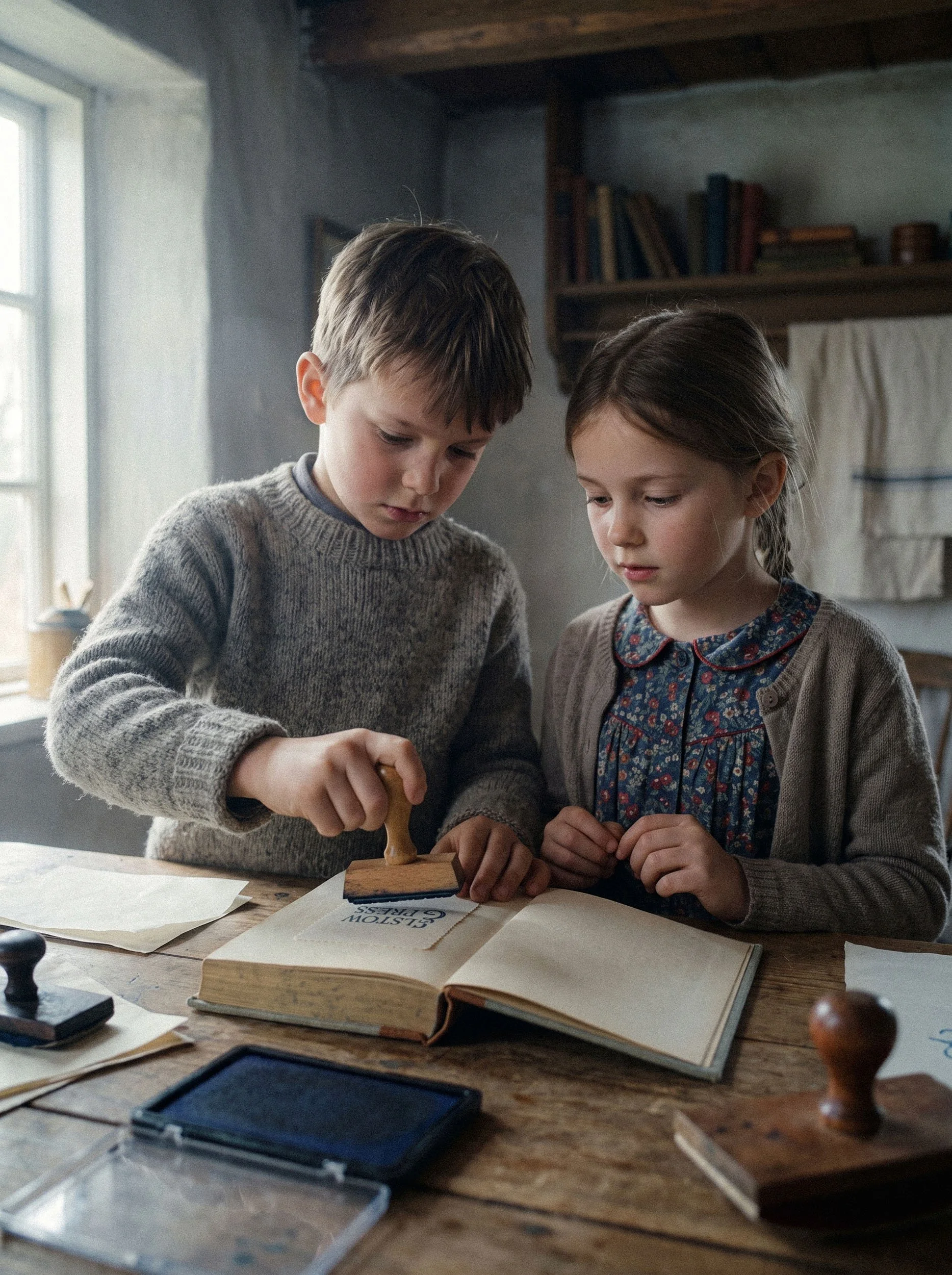 Two children, a boy and a girl, are working together at a wooden table in a rustic room. The boy is stamping a piece of paper, and the girl is watching. There are papers, a book, an inkpad, and a stamp on the table. The room has a window, bookshelves, and a wall hanging in the background.