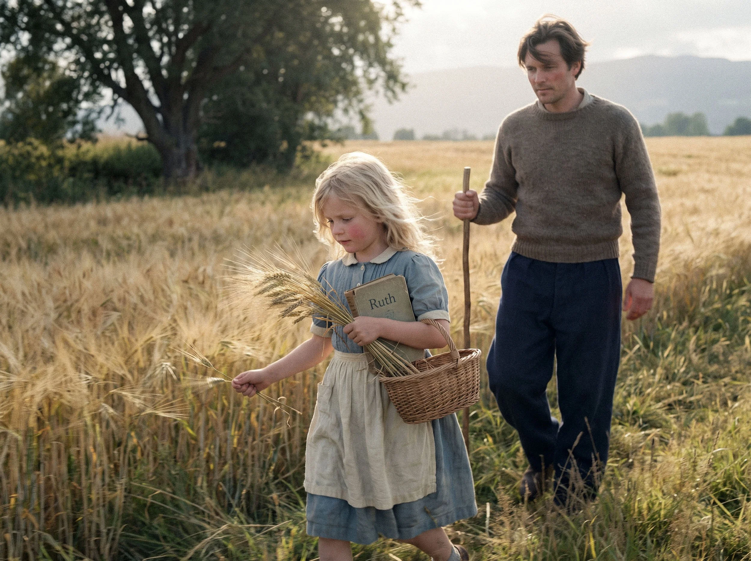 A man and a young girl walking through a wheat field during late afternoon or early evening, with tall wheat stalks, a large tree, and distant hills in the background. The girl is holding a wheat stalk and a small basket, and the man is carrying a walking stick.