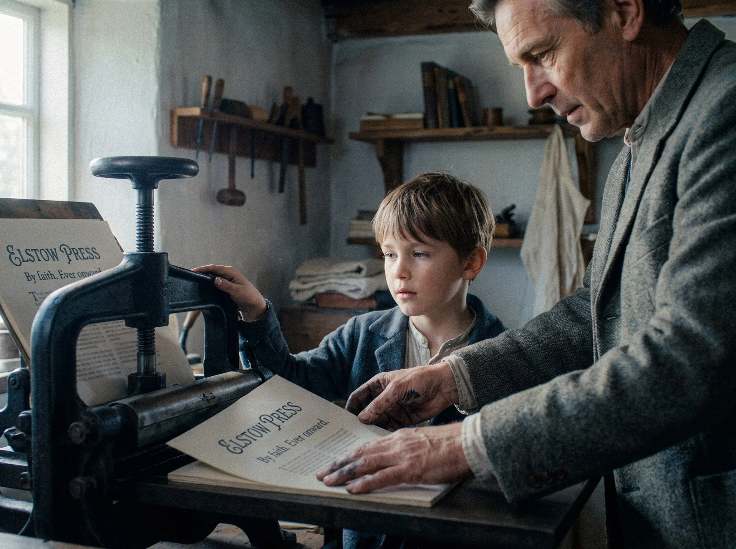 A man and a young boy looking at a vintage printing press in a cozy workshop. The press has a sheet of paper with the headline 'Elstow Press' visible. The workshop has wooden shelves with books and tools in the background.
