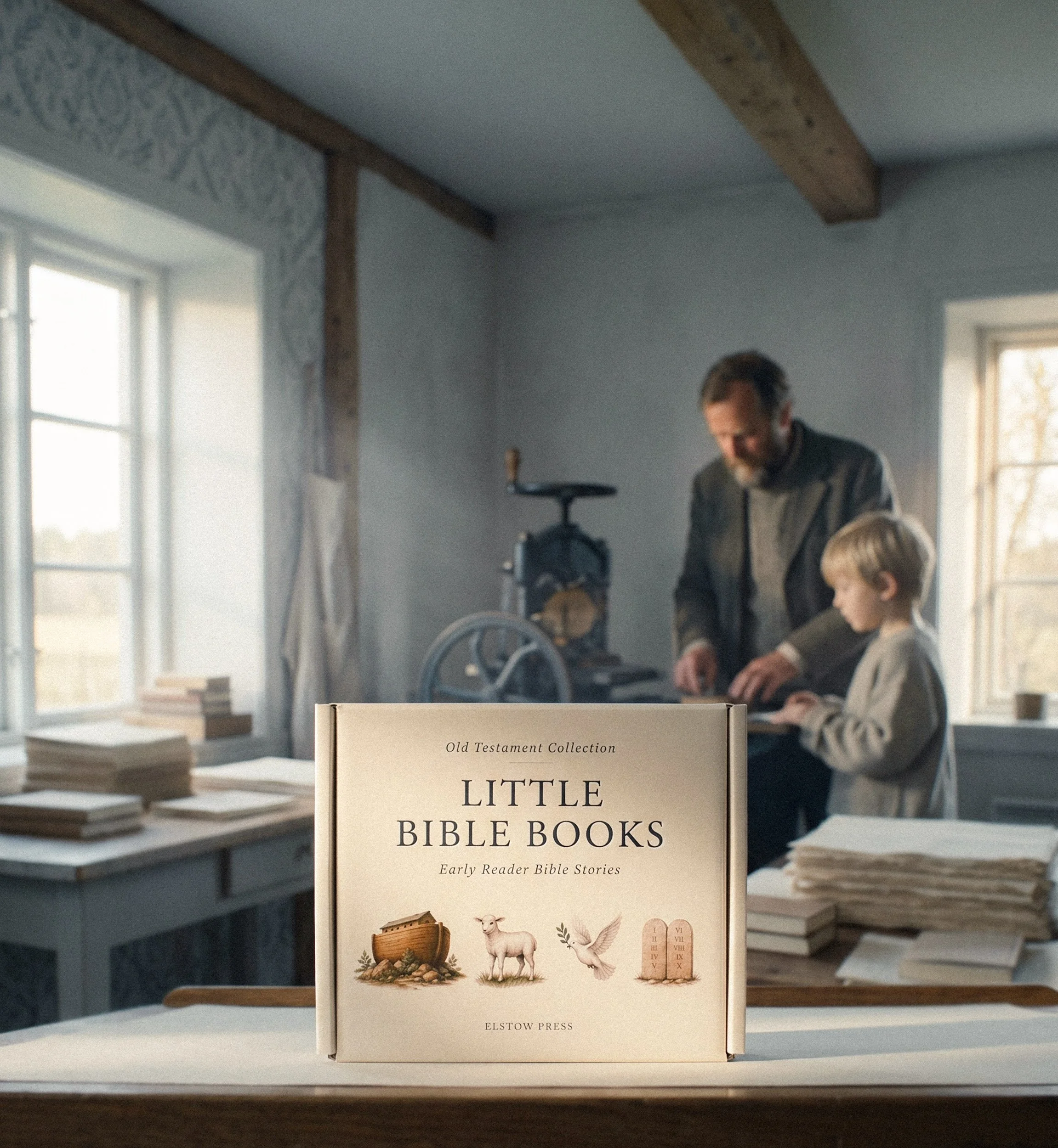 Front cover of a book titled 'Little Bible Books: Early Reader Bible Stories' by Elstow Press, featuring illustrations of a wooden ark, a lamb, a dove, and stone tablets.