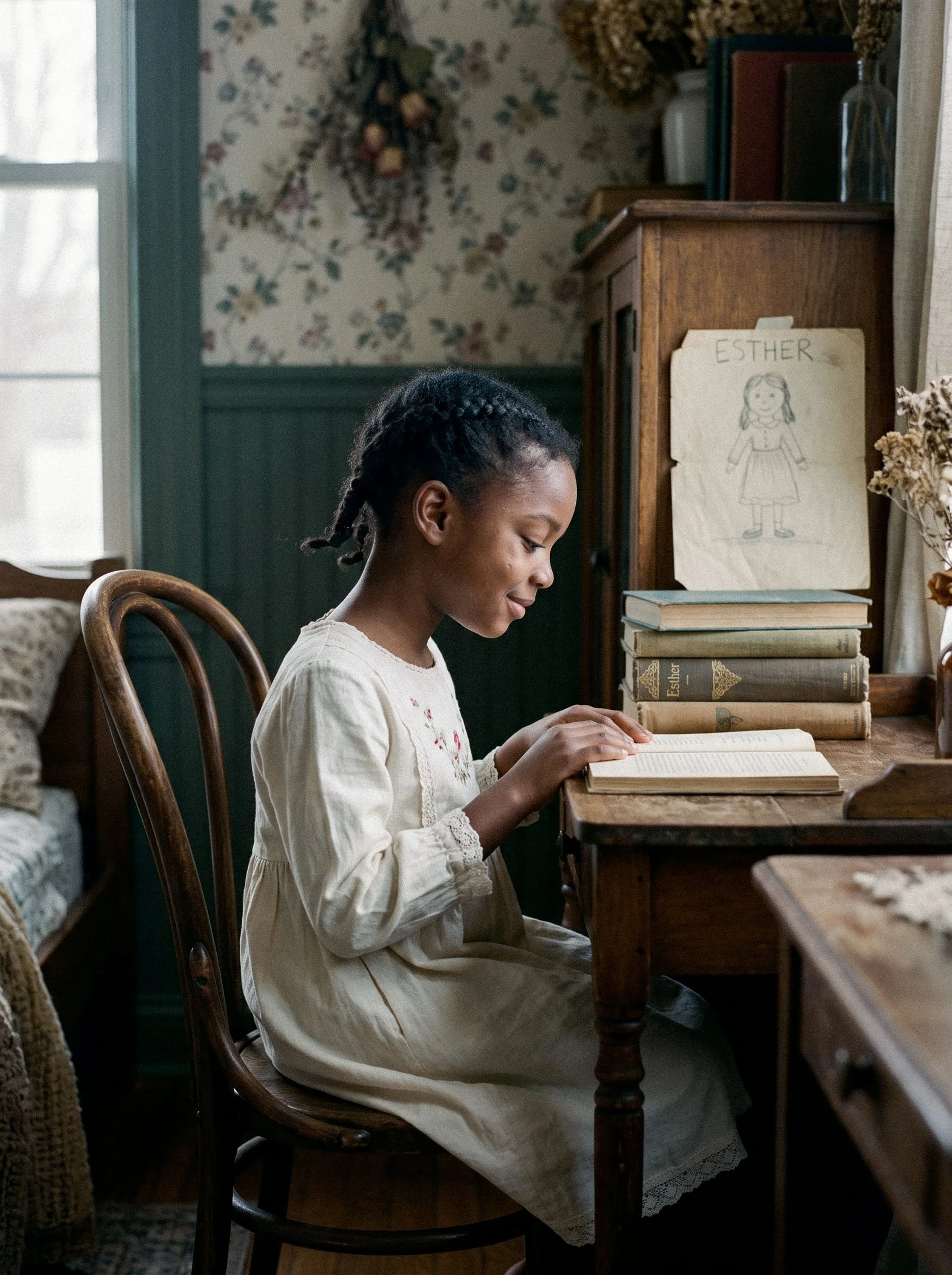 A young girl with braided hair sitting at a wooden table in a vintage decorated room, reading a book, surrounded by a stack of books and a drawing of a girl labeled 'Esther' on the wall.