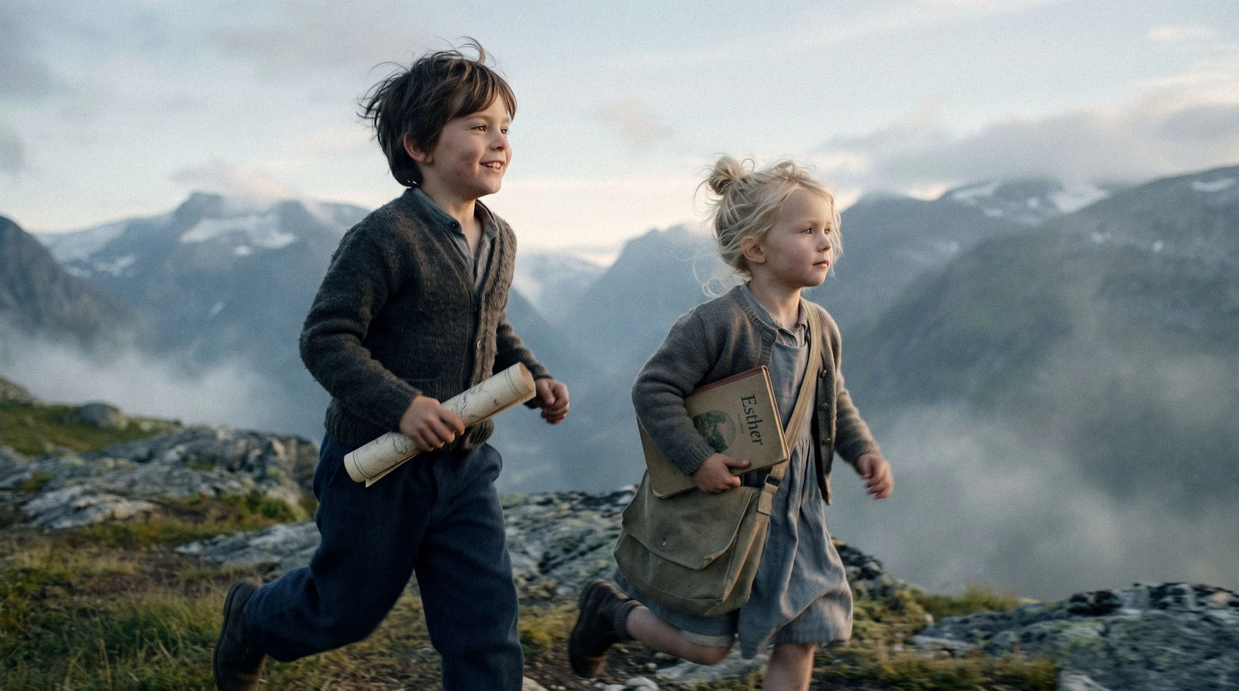 Two young children running outdoors in a mountainous landscape, each holding a book or rolled-up paper, with a cloudy sky and distant mountains in the background.