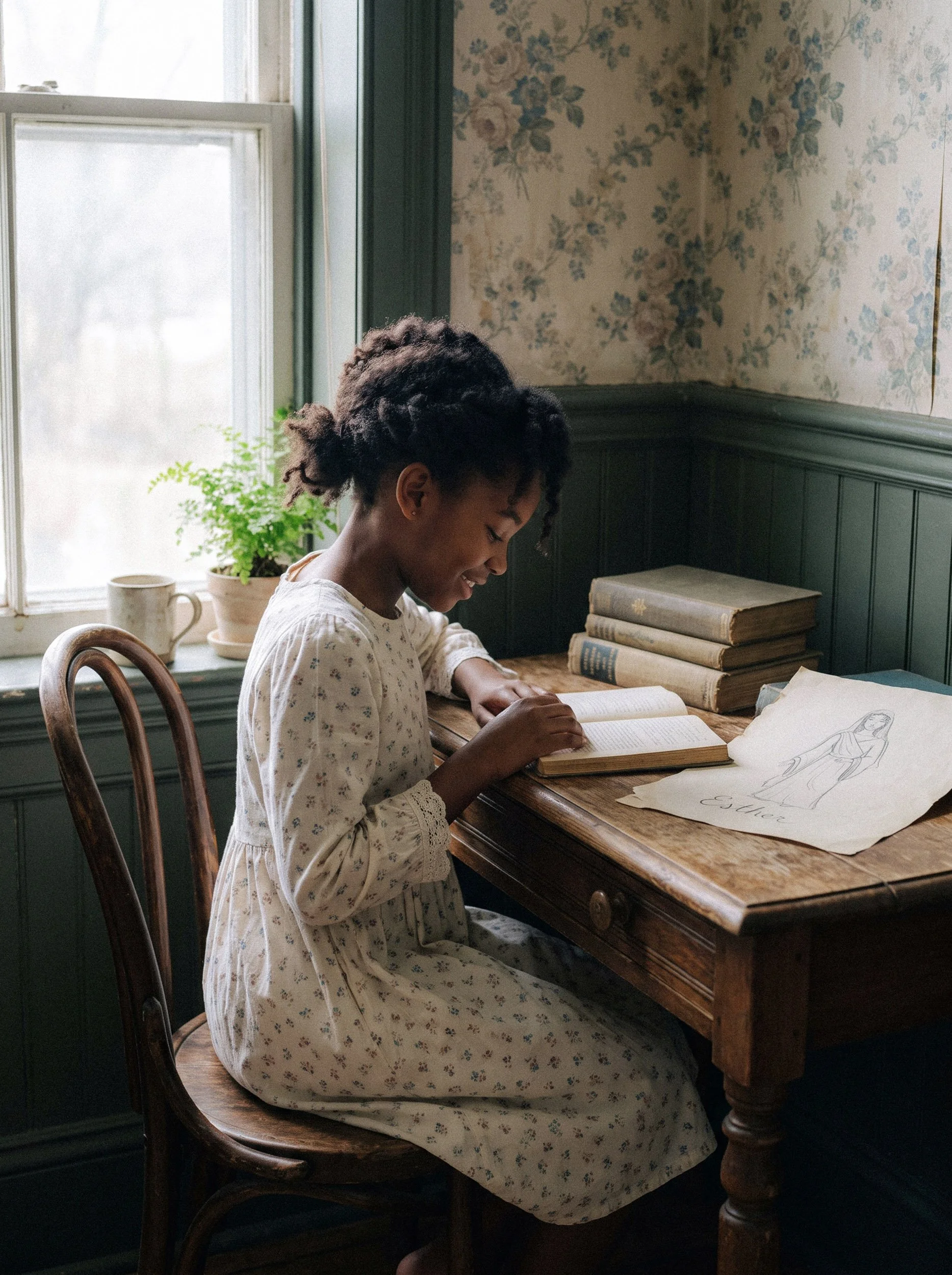 A young girl with curly hair sitting at a wooden desk, writing in a notebook with a smile. There are books and drawing papers on the desk, and a window with sunlight behind her. The room has floral wallpaper and green wainscoting.