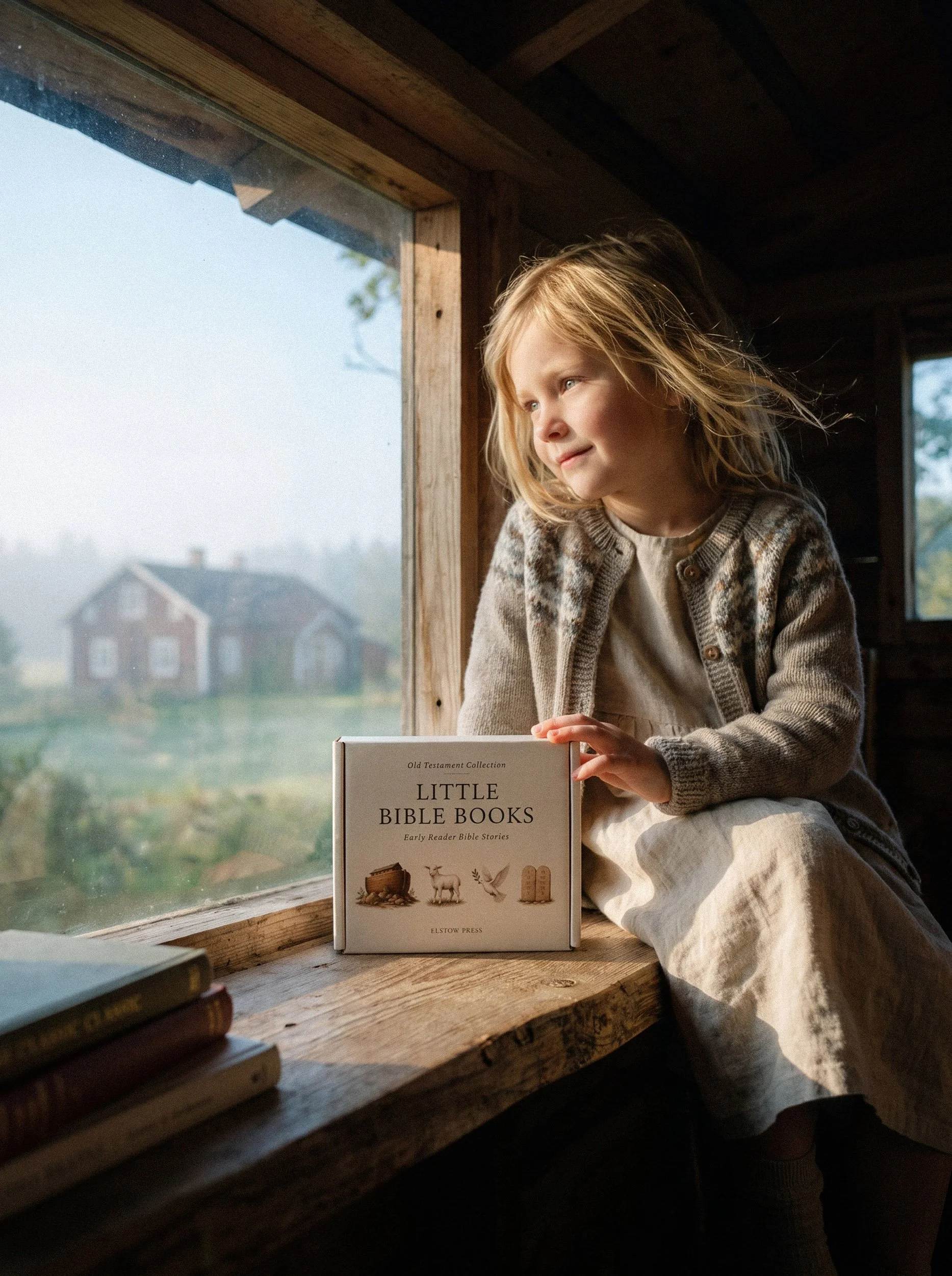 A young girl with blonde hair looking out a window at countryside scenery during daytime. She is sitting beside a stack of books, including one titled "Little Bible Books." The scene is cozy and rustic, with wooden walls and a sunny, slightly foggy outdoor view.