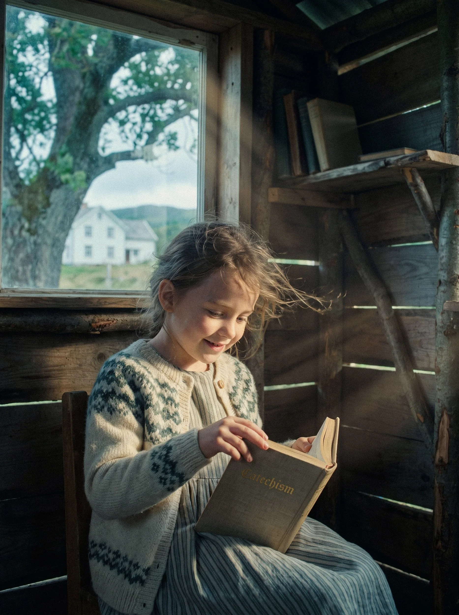 A young girl with light brown hair reading a book titled 'Caterbism' inside a rustic wooden room with a large window showing a tree and houses outside.