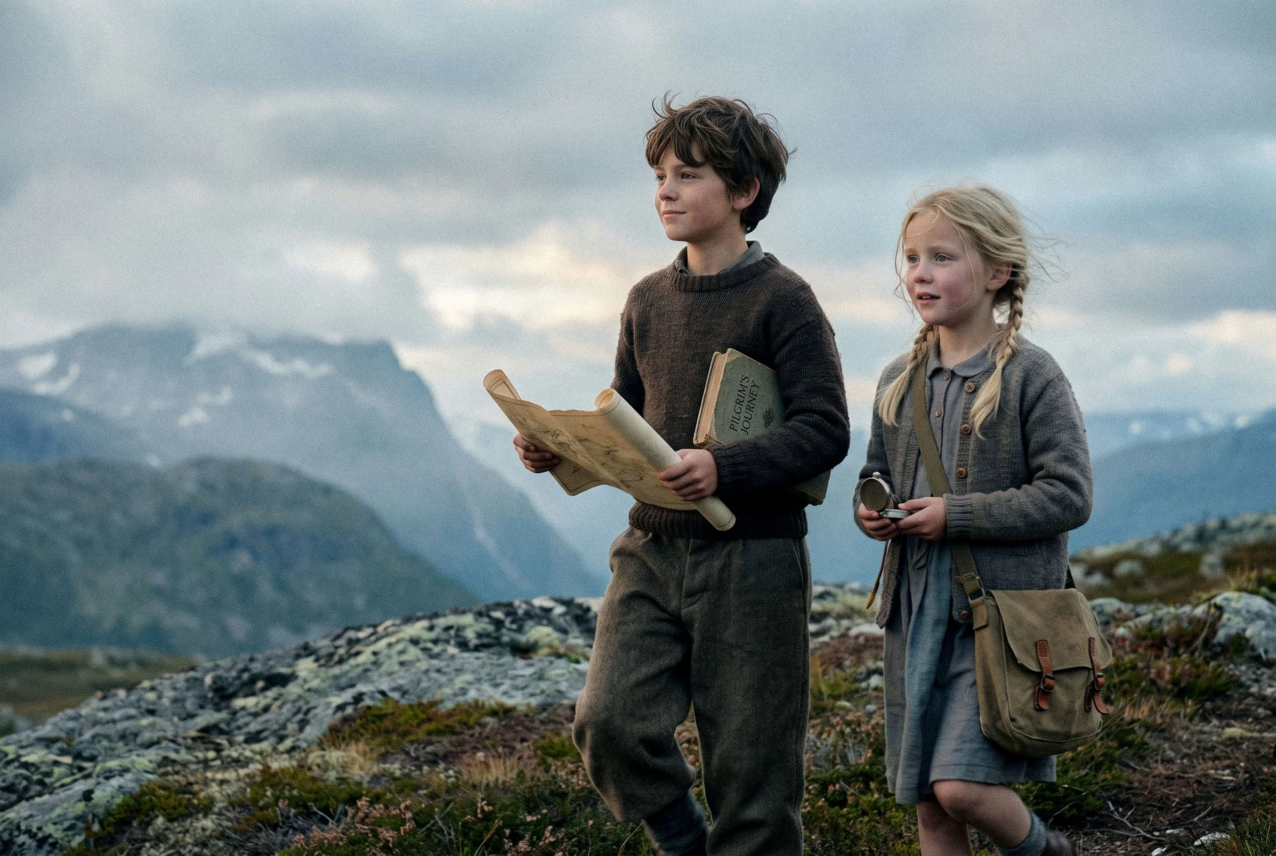 A boy and girl walking in a mountainous landscape, holding a map and a camera, dressed in outdoor clothing.