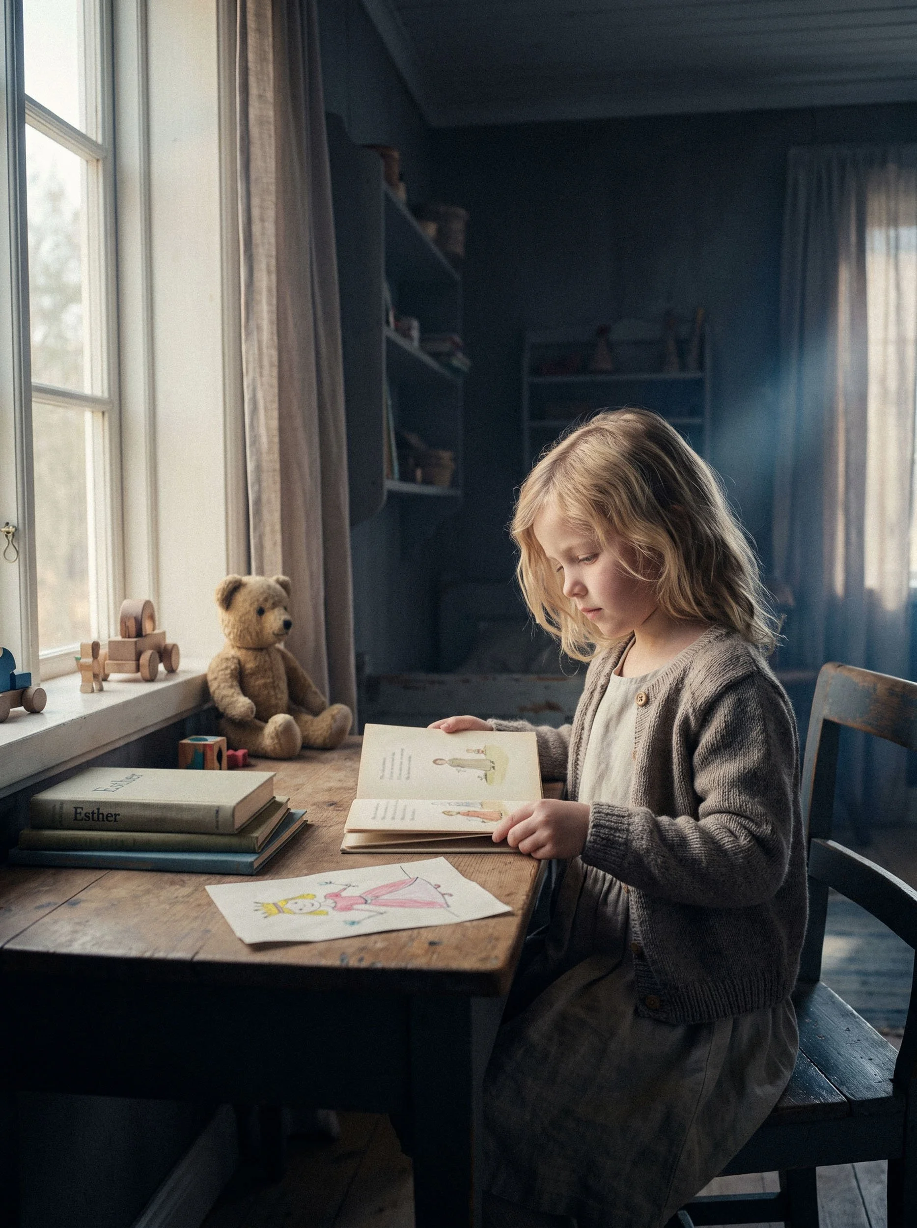 A young girl with blonde hair sitting at a wooden table, reading a children's book with colorful illustrations. The table has art supplies and a creative project, with a teddy bear and wooden toys nearby. She is in a cozy room with large windows and shelves in the background.