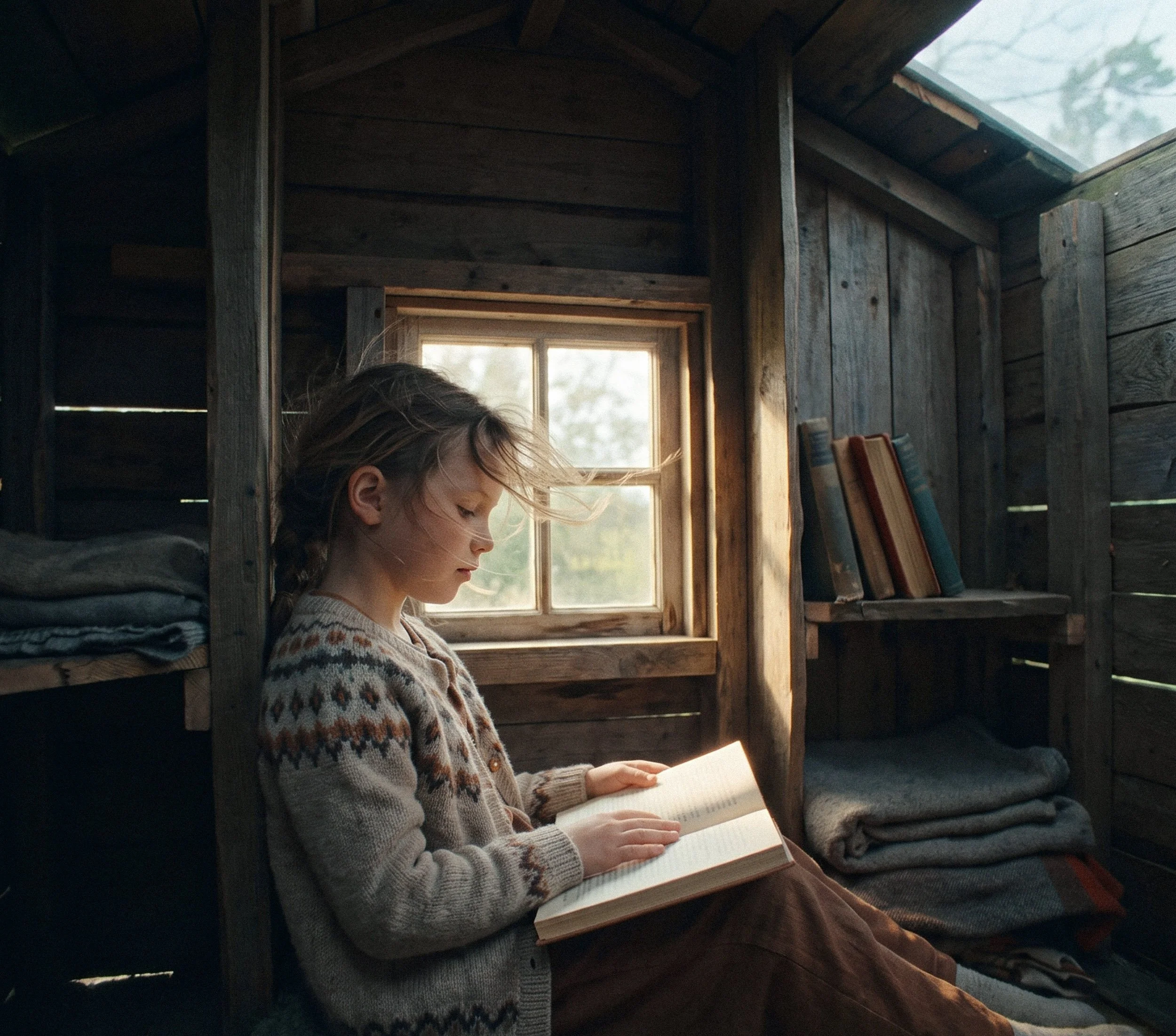 A young girl with curly hair, wearing a patterned sweater, reading a book inside a rustic wooden cabin with a small window letting in natural light.