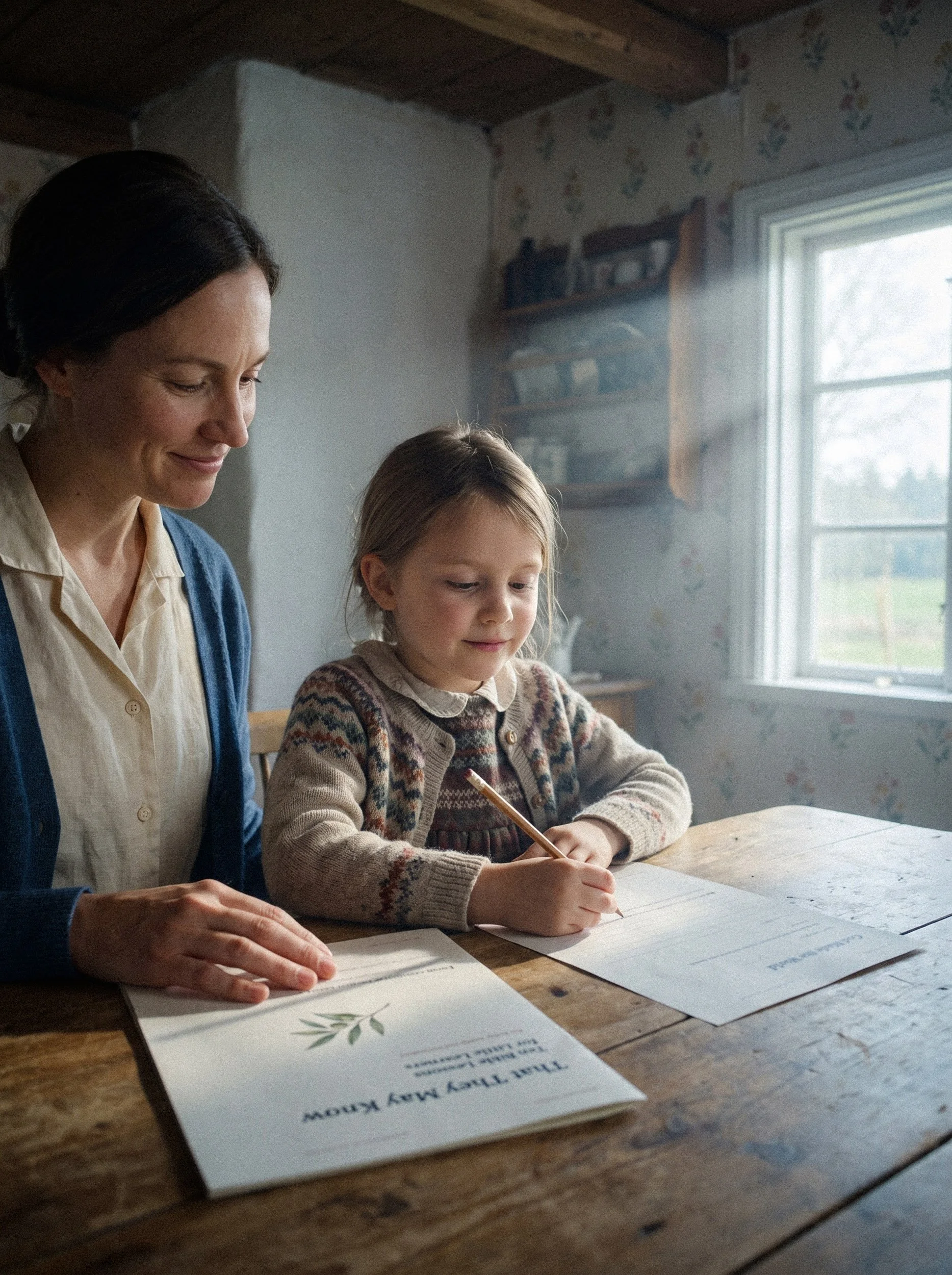 A woman and a young girl sitting at a wooden table, looking at papers, in a room with natural light coming through a window.