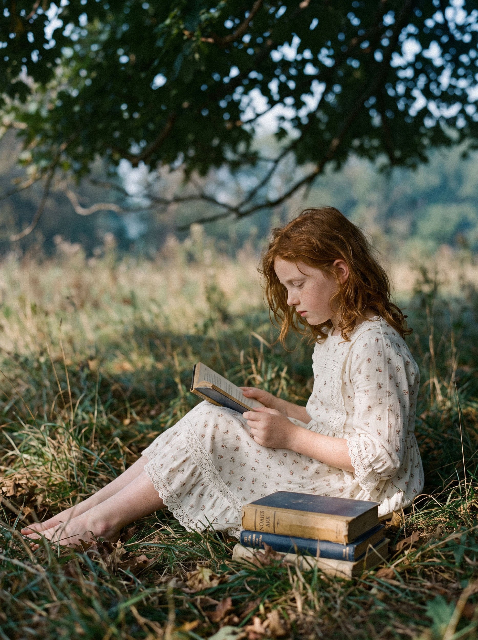 A young girl with red hair and freckles sitting outdoors in a natural setting, reading a book. She is wearing a cream-colored dress with lace details, and there are three books at her feet, including one titled 'Noah's Ark.'