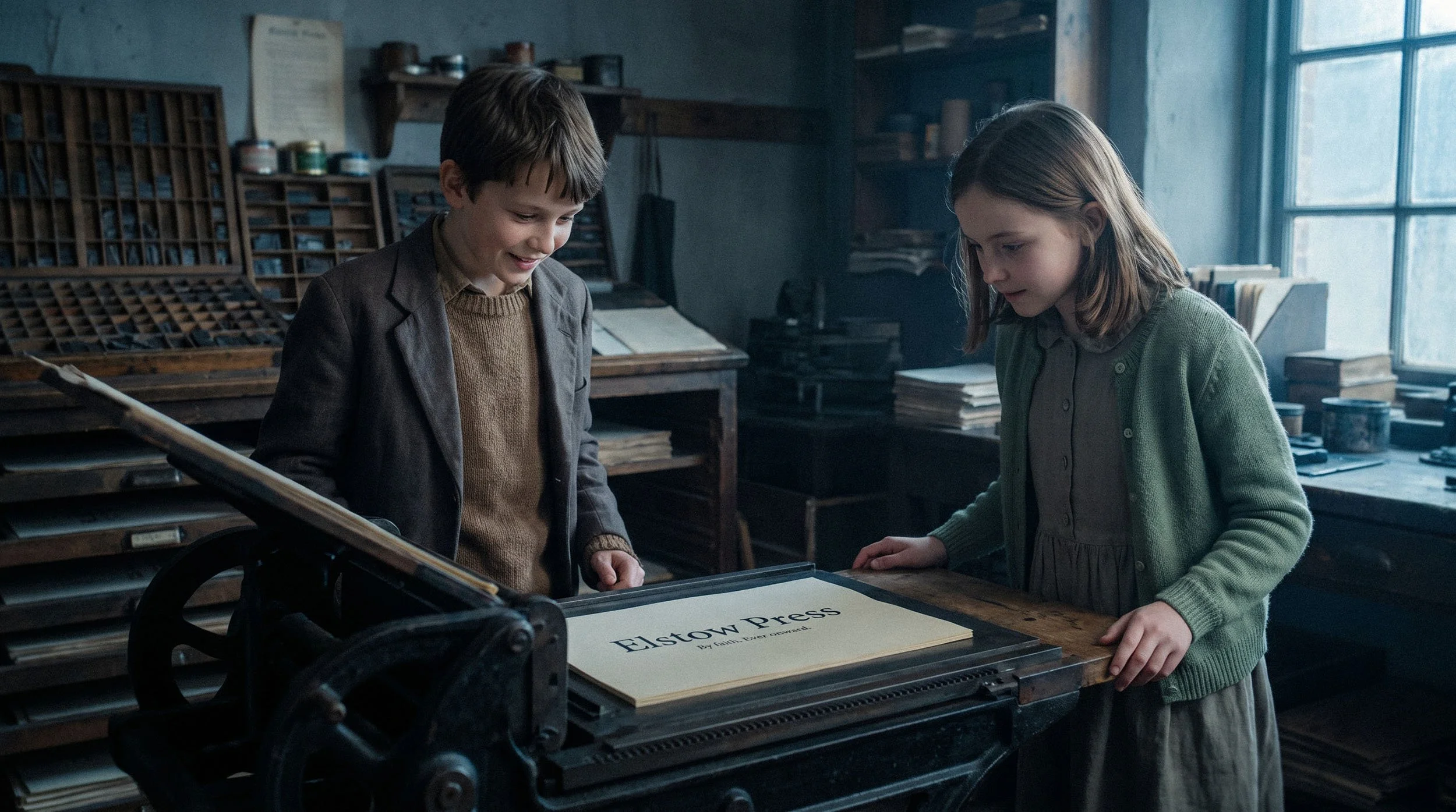 Two children, a boy and a girl, looking at a large typewriter in a vintage classroom setting, with books and papers around.