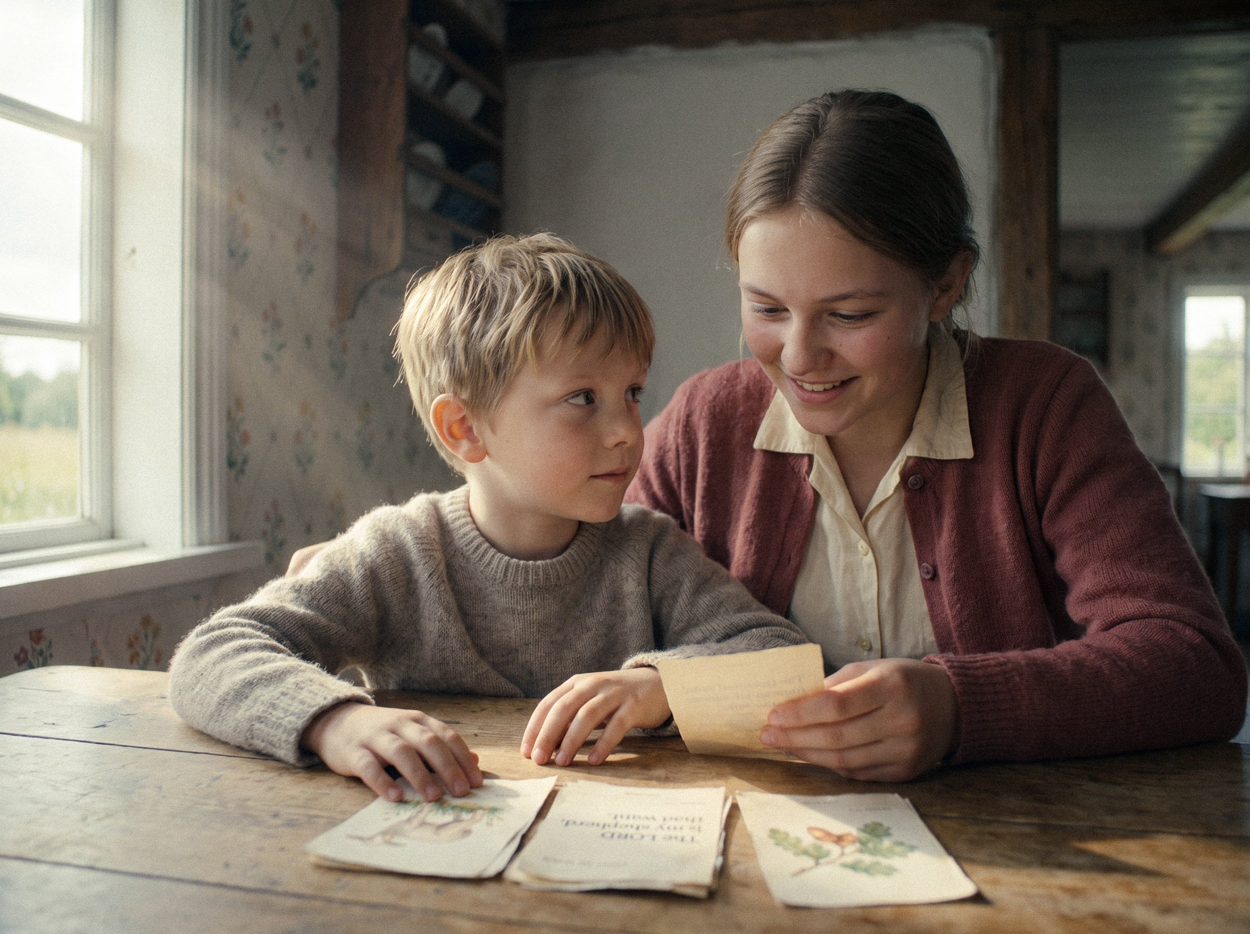 A woman and a young boy sitting at a wooden table reviewing papers or letters, near a window with daylight streaming in.