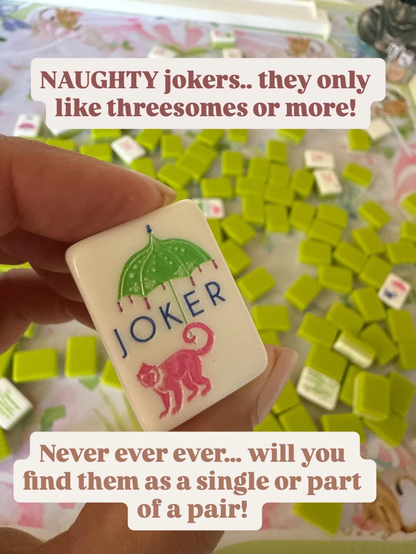 🃏We LOVE naughty jokers!🃏
But remember&hellip; they only can play in a crowd of three or more!! 
You can NEVER ever use a joker in a single or pair! Even for Mahjong!! 🀄️
Come learn to play! We have 2 spots left for Mahj 101 @thegrovelo on Decembe