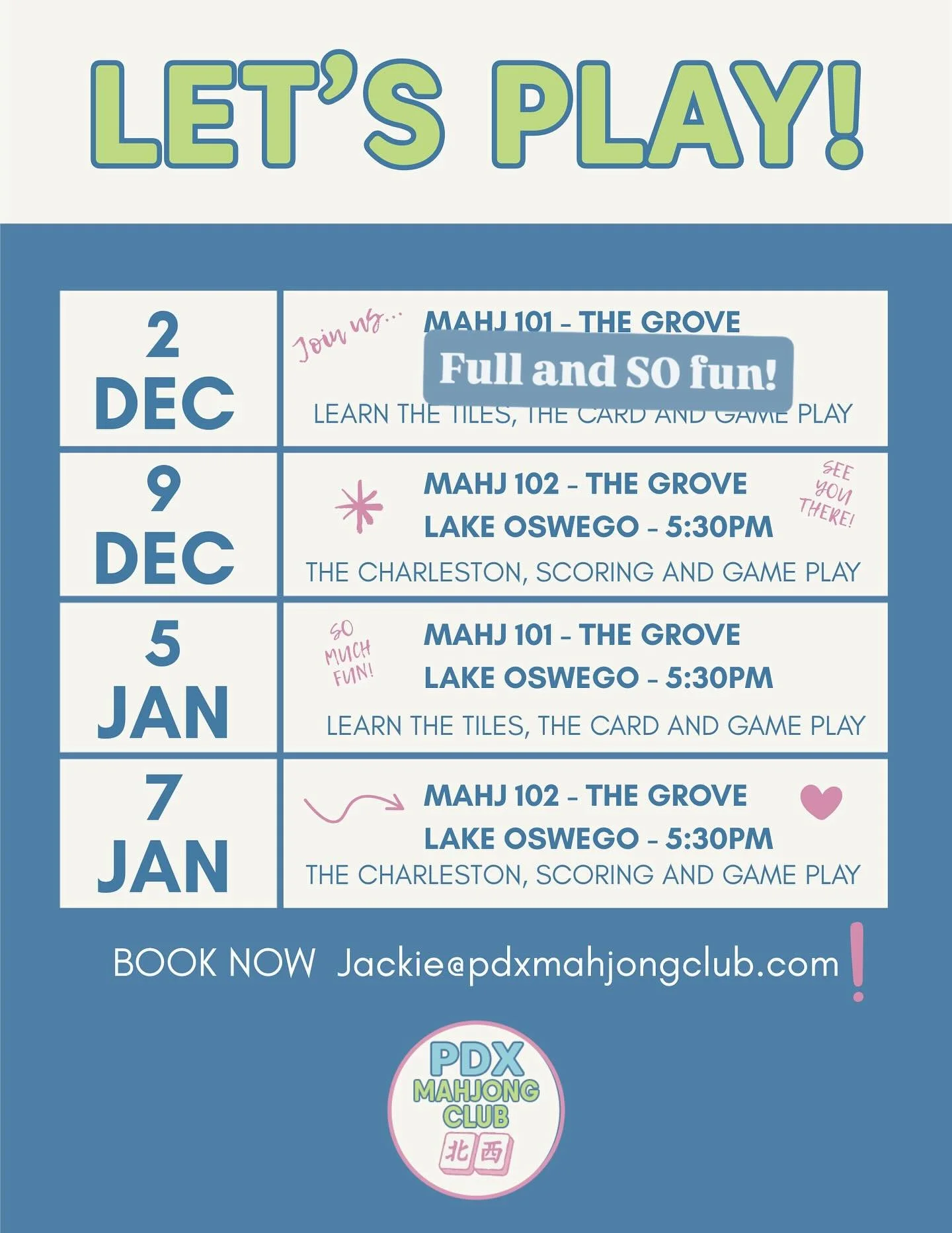 We had a blast last night at The Grove! We laughed, we learned and when you win MAHJONG&hellip; you bang the gong! 
Book a private lesson we me or come join us! Spots available in January!! 
.
.
.
.
.
.
#mahjong #mahjonglessonsportland #mahjong🀄️ #p