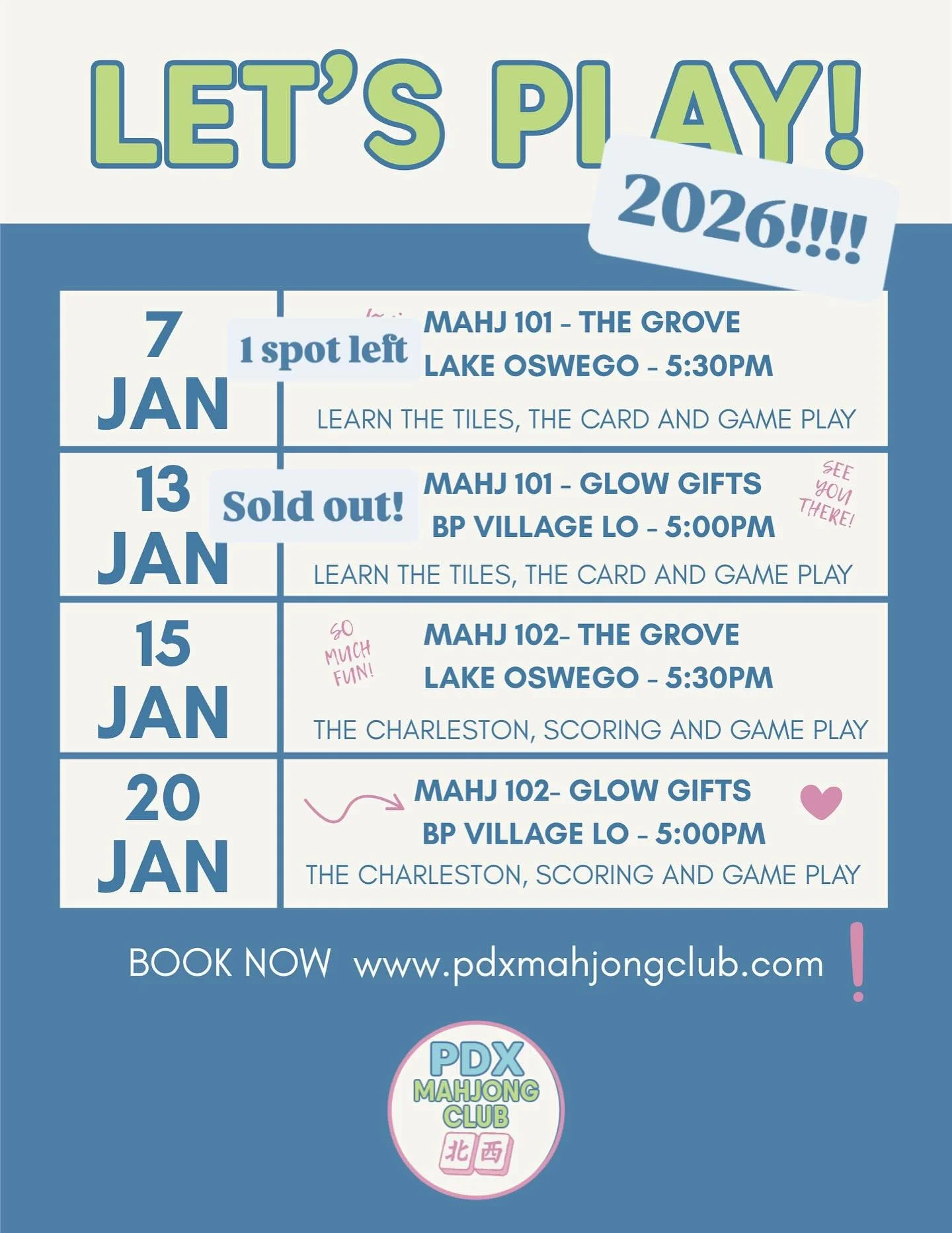 New Year&hellip; NEW OBSESSION!!!!! Dates for January start this week! 1 spot left on Wednesday! 

Come Play with us!!! Email or DM me for private lessons! Come join the fun!!! 🀄️
.
.
.
.
.
.
#2026 #mahjong🀄️ #mahjonglessons #mahjongportland #pdxma
