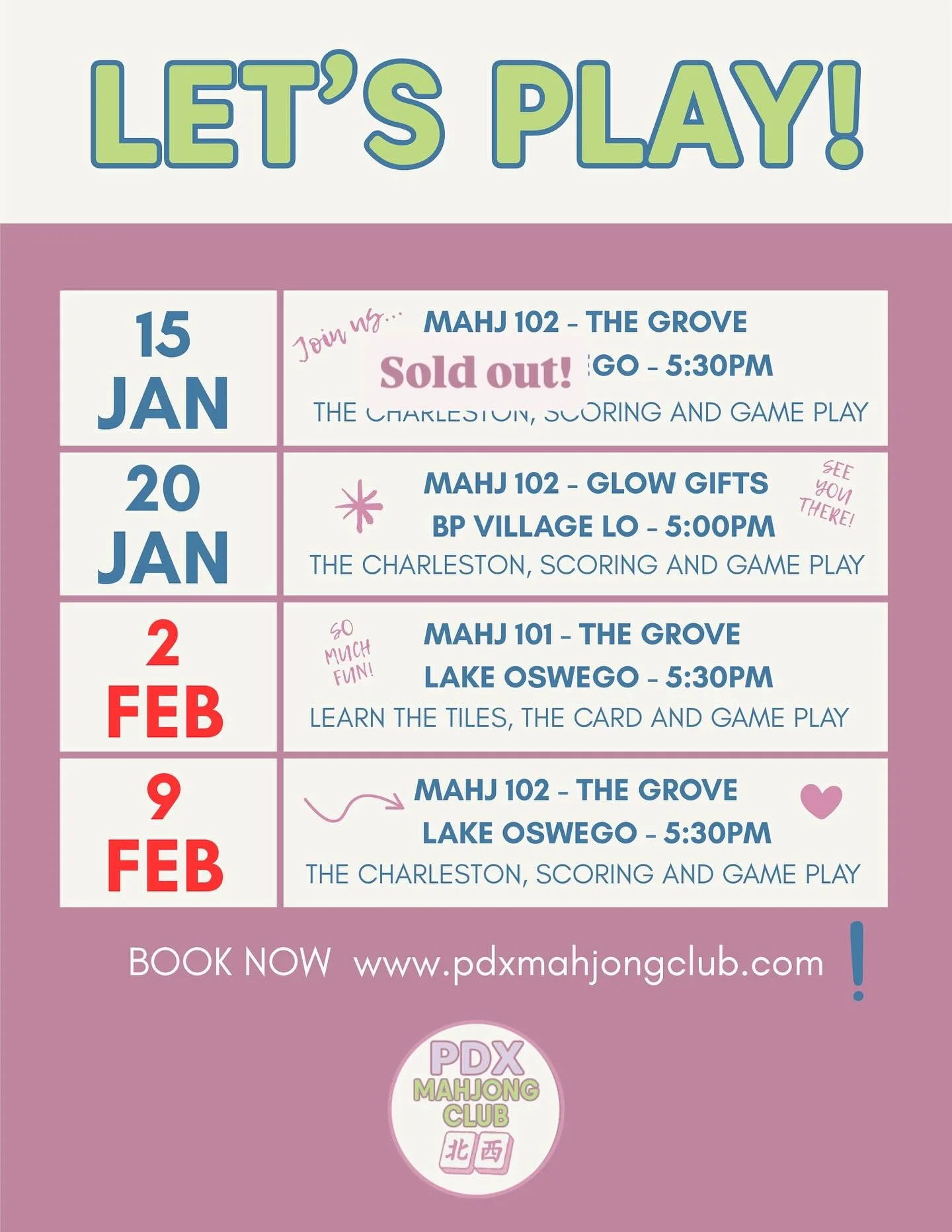 🩷New dates for February! 🩷
Mahj 101 and 102 at The Grove in LO now open!
DM here or book on our website to reserve a spot! We can&rsquo;t wait to play with you! 🀄️