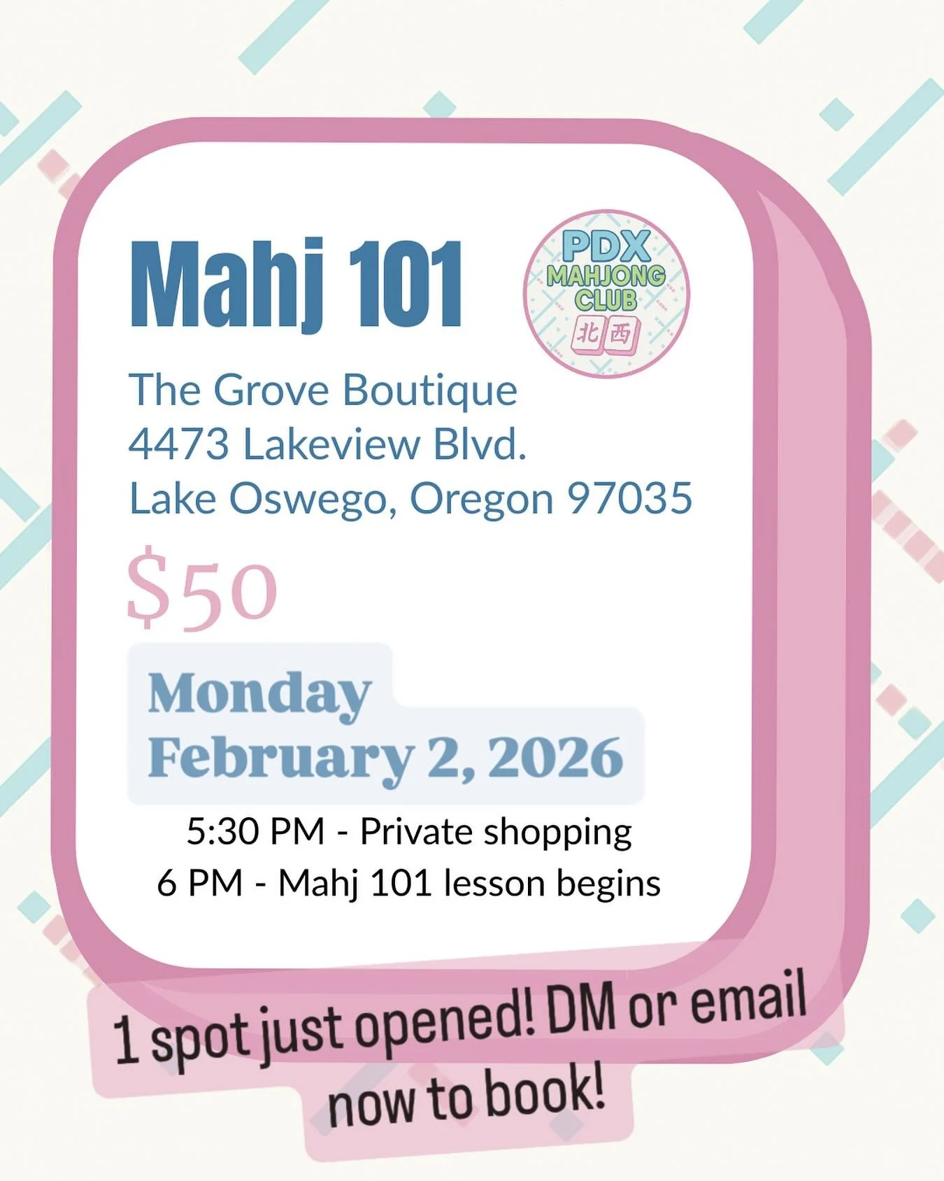 🀄️We have a spot open Monday! Come learn to play and shop all the fabulous @ohmymahjong products now selling @thegrovelo 🀄️🩷

Tiles, racks, mats&hellip; oh my!!! Come shop and PLAY!!!!

DM here or email to save the last spot!