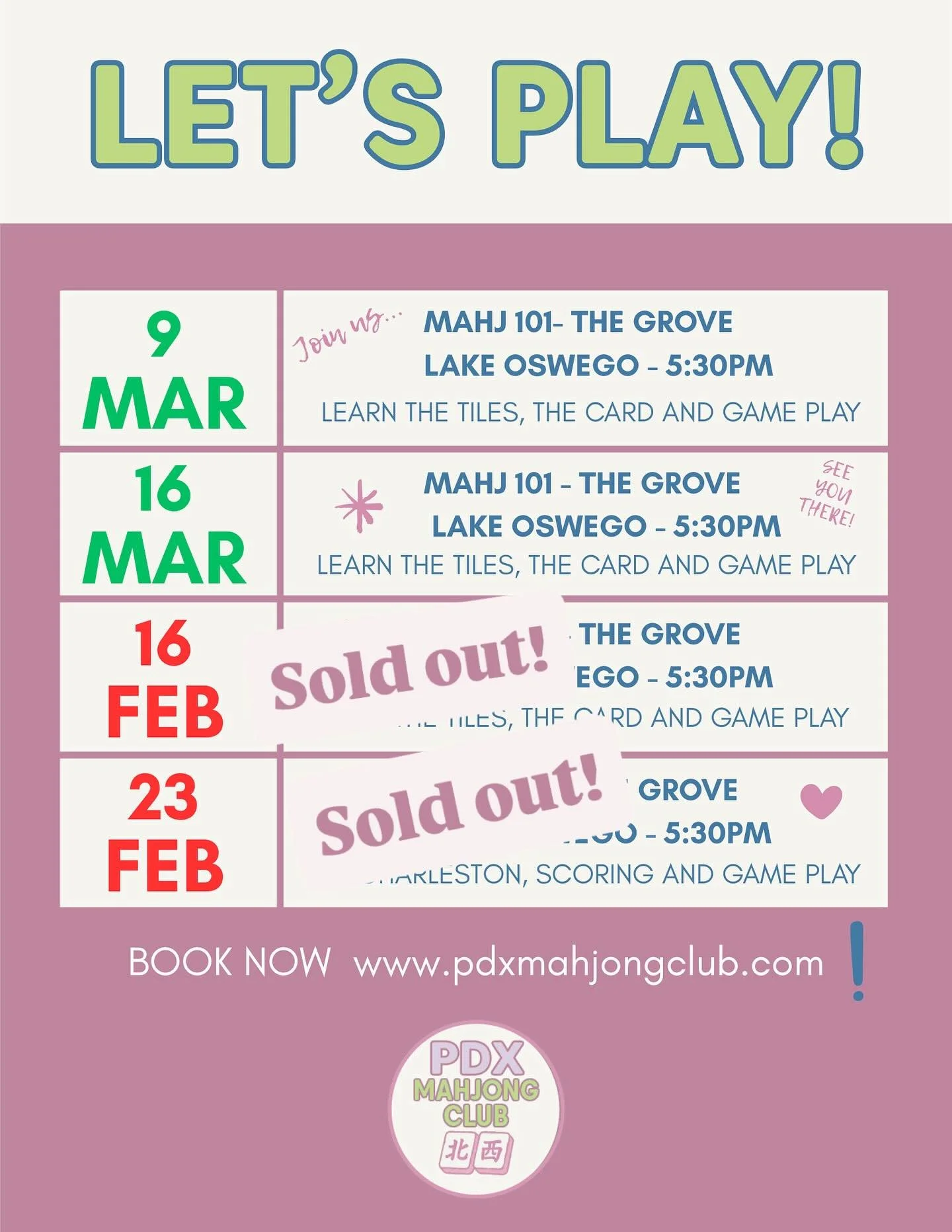 March vibes 🍀 Classes are up! Join Mahj 101 (9th &amp; 16th) or Mahj 102 (23rd)! 
Sign up via DM or website. Can't make it? No worries! I'll come to you &hellip; sign up for a private lesson!💚