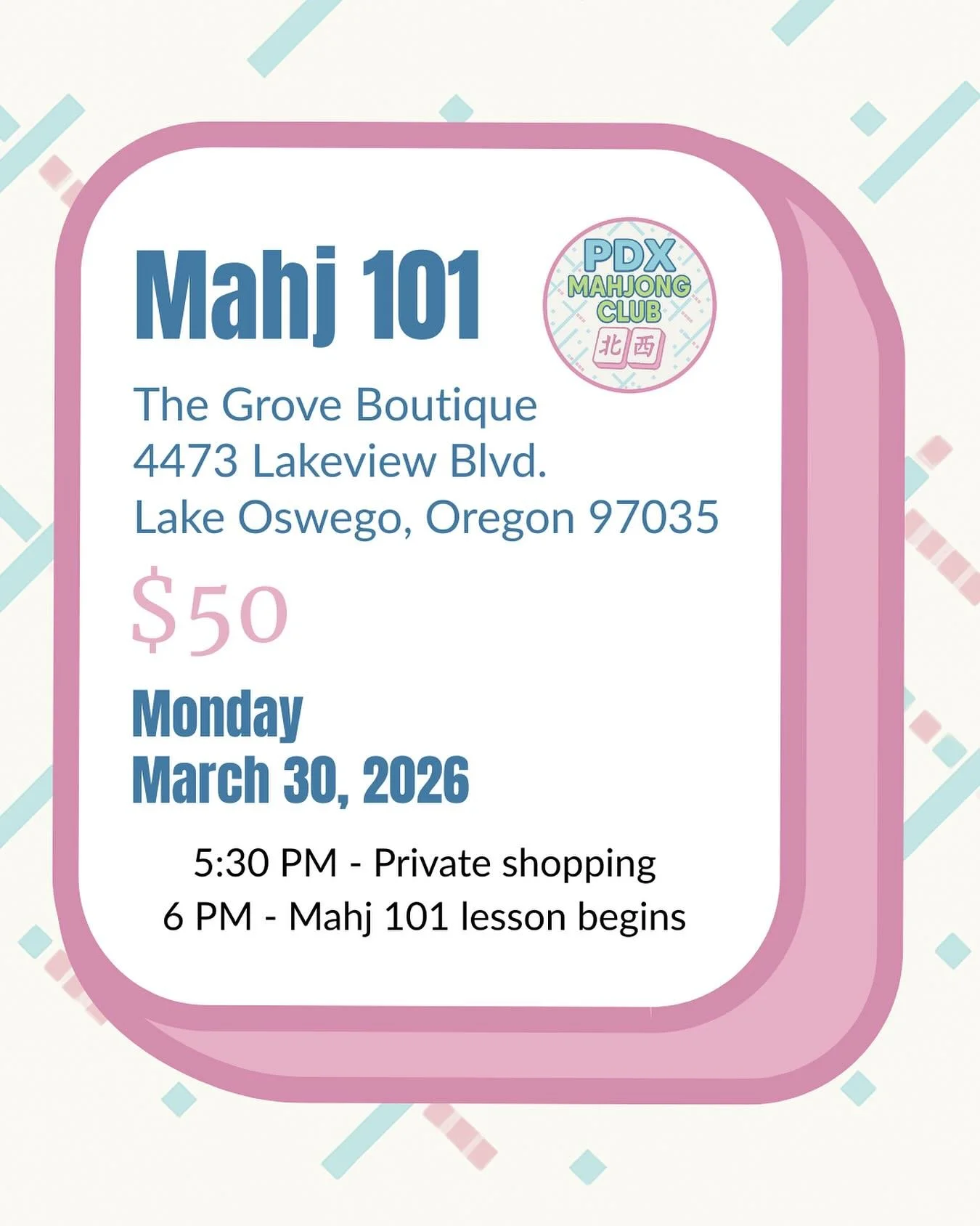 🀄️A few spots left for Mahj 101 on 3/30! Come and learn how to play with us!! 🩷