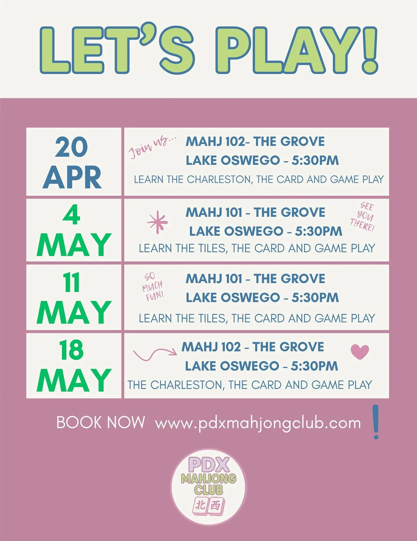 🌸April Mahj 101 classes at The Grove and the Willamette Garage are BOOKED! 

Sign up on our website now for the upcoming 102 class and May Mahj 101! I can&rsquo;t wait to meet you and PLAY! 🀄️