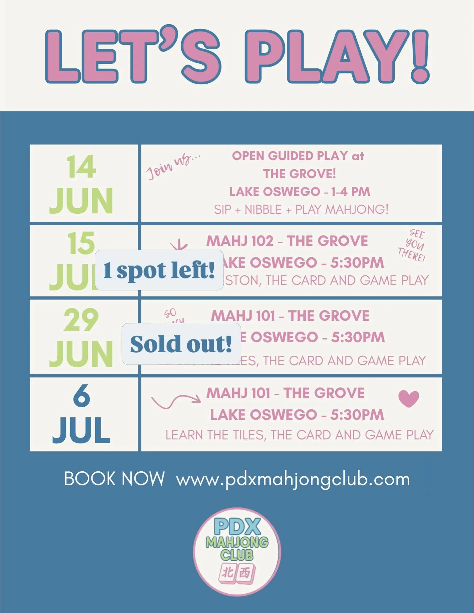🀄️A few spots left @thegrovelo this month

Come play with us at Open Play! I&rsquo;ll be there to help guide you with any questions and to get you playing without having to think!😂

Head to my website to book the last few spots! 🩷