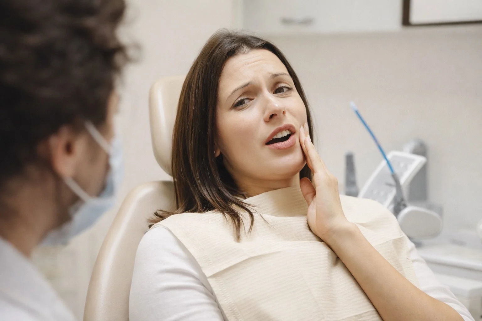 Patient experiencing dental pain while being evaluated by dentist