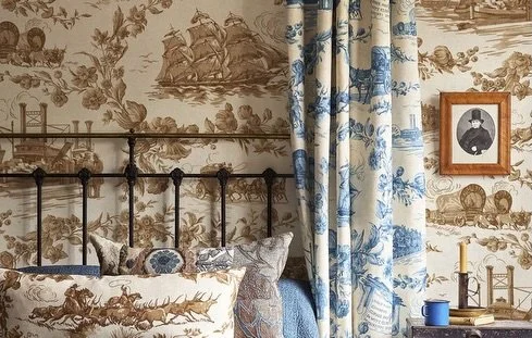 Lewis &amp; Wood&rsquo;s Pioneer Days and Washington Toile.

Celebrating 250 years of America &mdash; featuring iconic architectural landmarks, the rolling Blue Ridge Mountains, and scenes inspired by early American life.

Both patterns are available