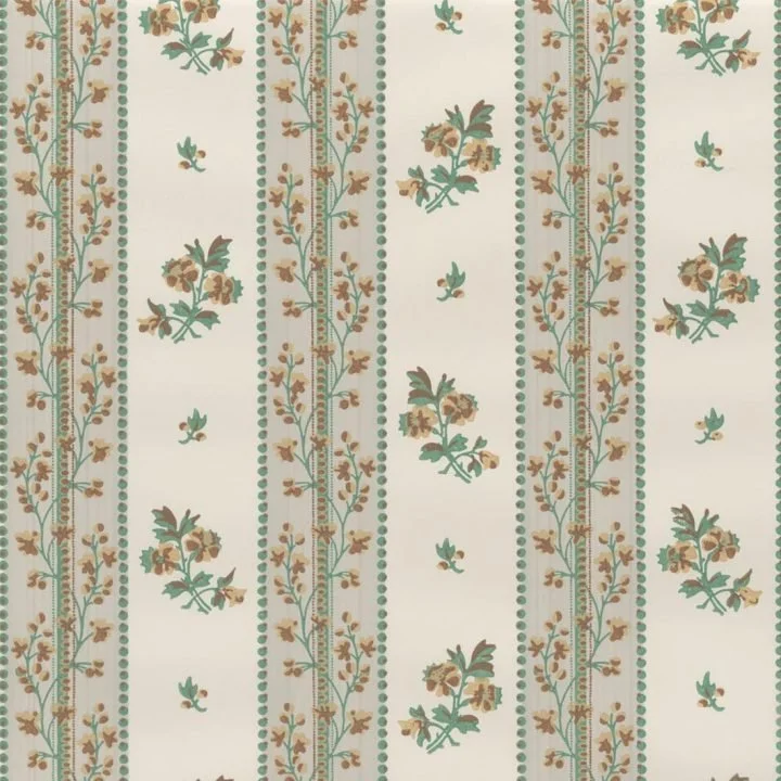 Patterned wallpaper with vertical floral and dotted stripe designs in green and beige on a white background.
