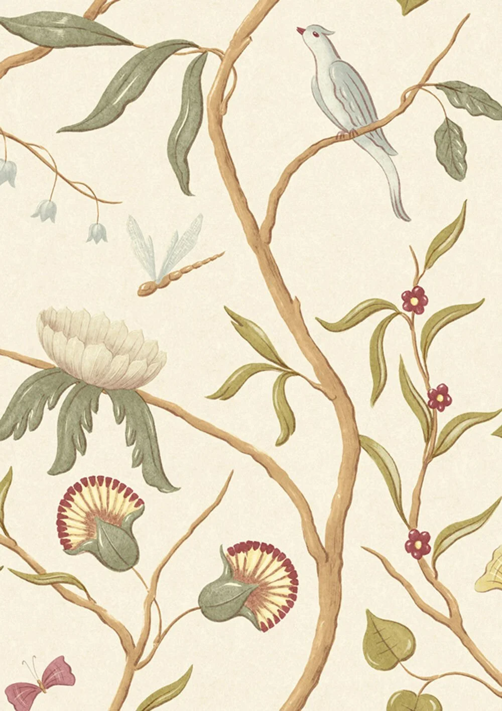 Illustration of a bird perched on a tree branch, surrounded by leaves, flowers, a butterfly, and a dragonfly.