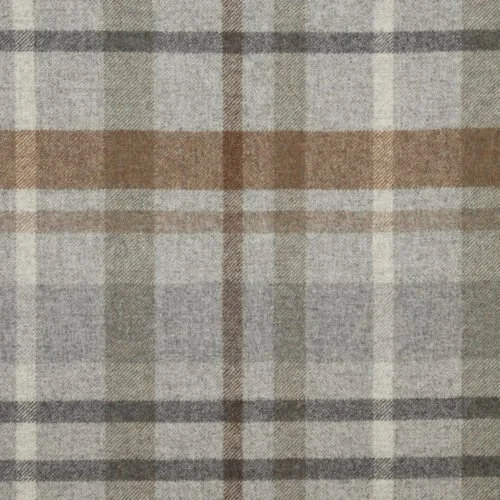Close-up of plaid fabric with brown, beige, and gray stripes.
