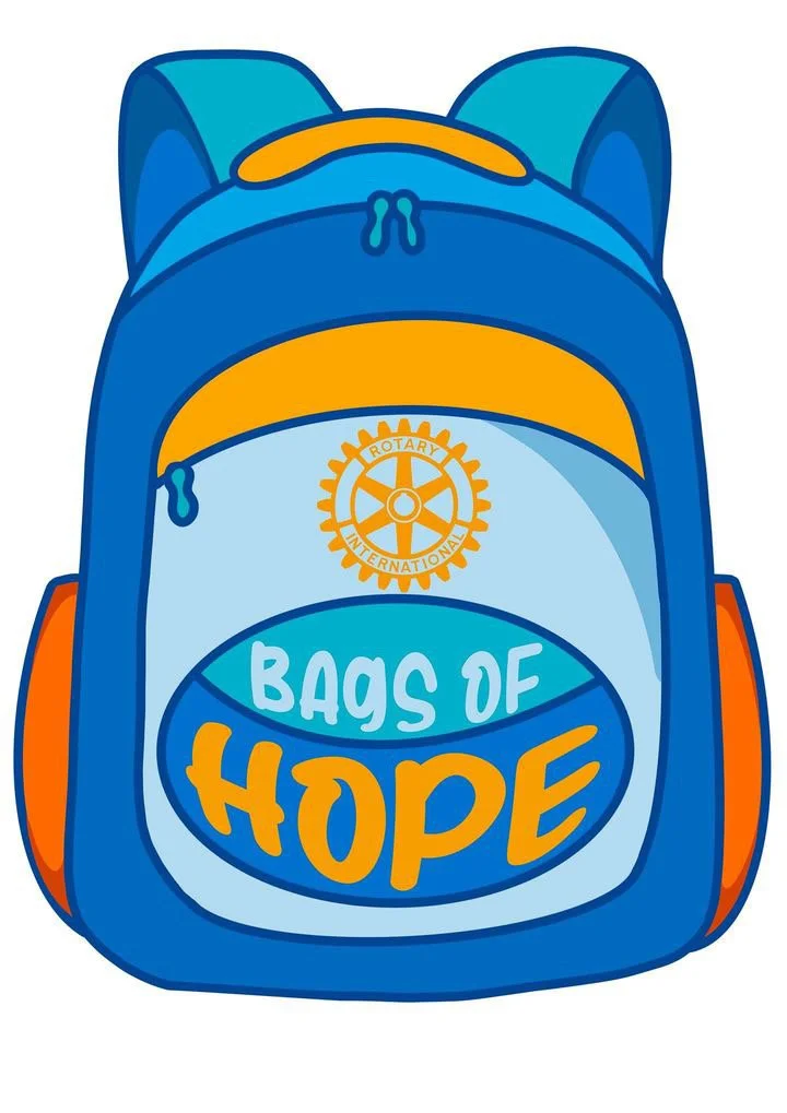 A cartoon illustration of a blue backpack with orange accents, featuring a Rotary International emblem, with the words "Bags of Hope" written on it.