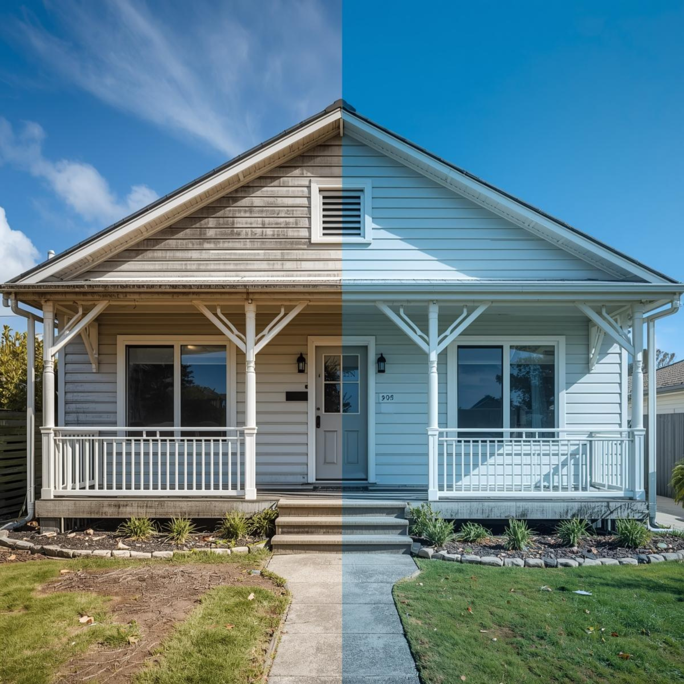 Side-by-side comparison of a house before and after cleaning, showing a house with a porch, front lawn, and blue sky.