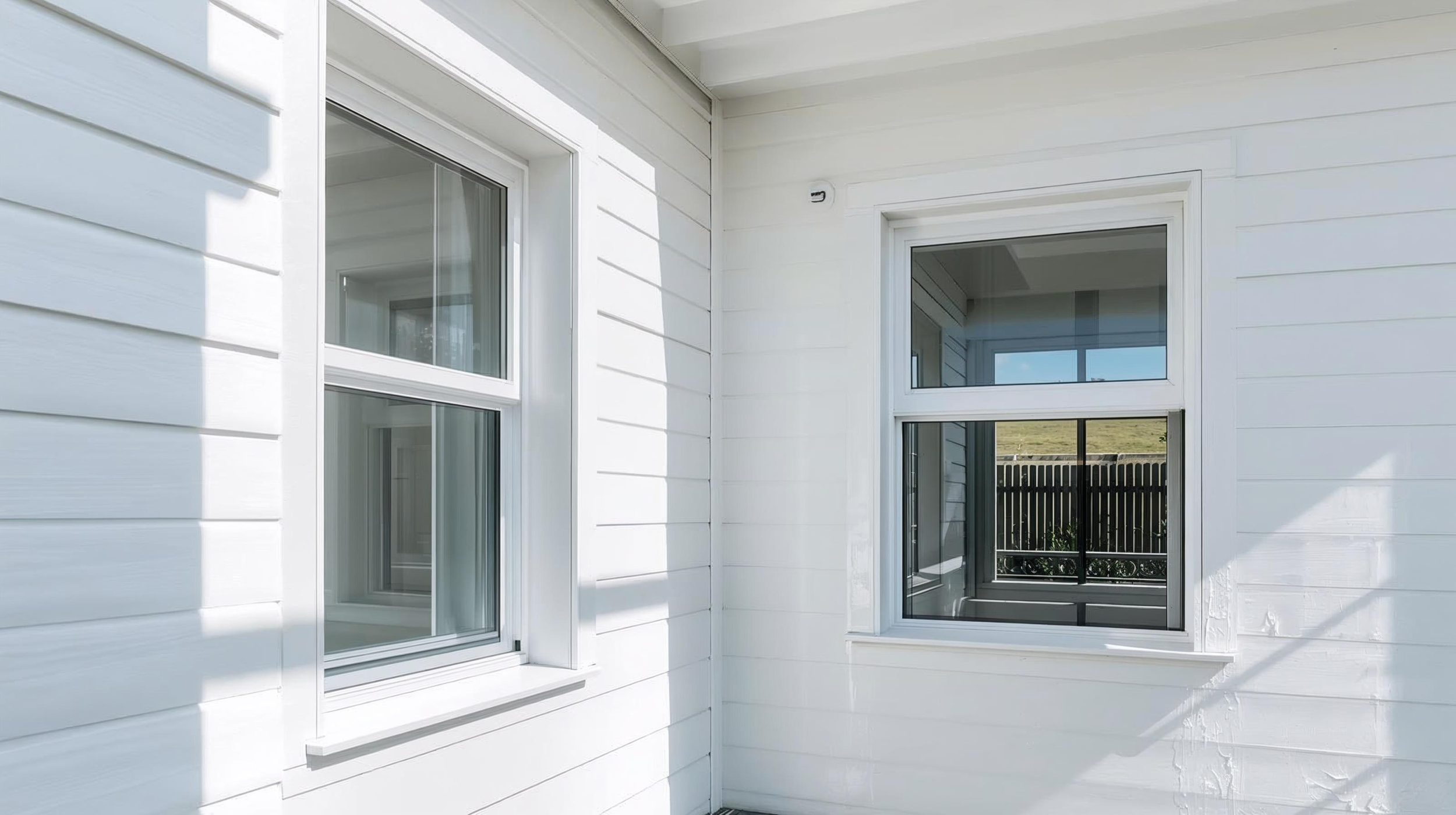 Exterior view of a white house with two large double-pane windows showing an outdoor landscape with a fence and a grassy hill.