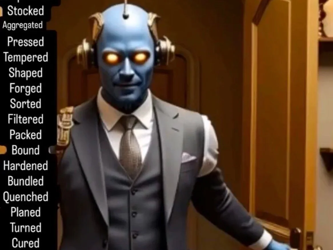 A character with a blue robotic face, glowing eyes, and a headset, dressed in a gray suit with a tie, standing indoors in front of wooden cabinets.