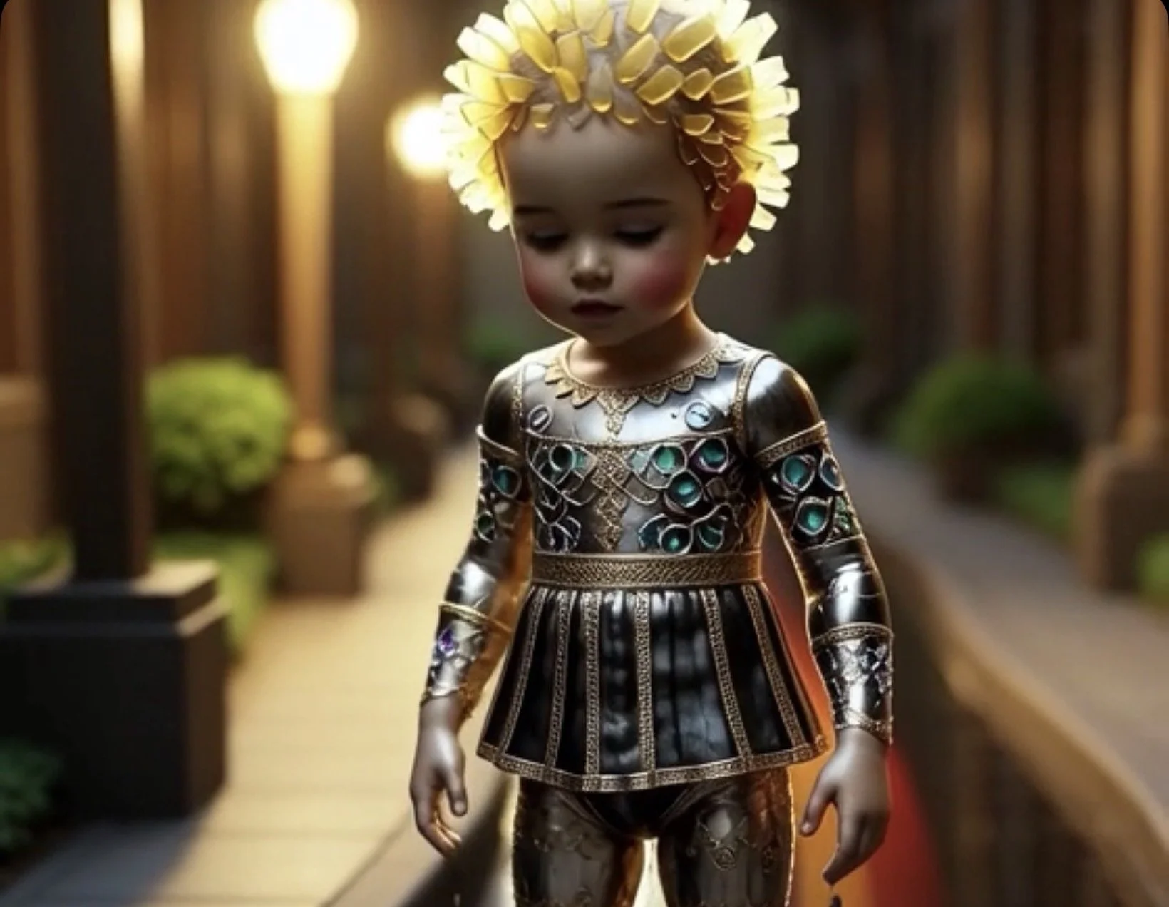A young child dressed in elaborate, shiny costume resembling a traditional or fantasy warrior outfit, with decorative details and a floral crown headpiece, standing on a wooden pathway in a garden setting, illuminated by warm lighting.